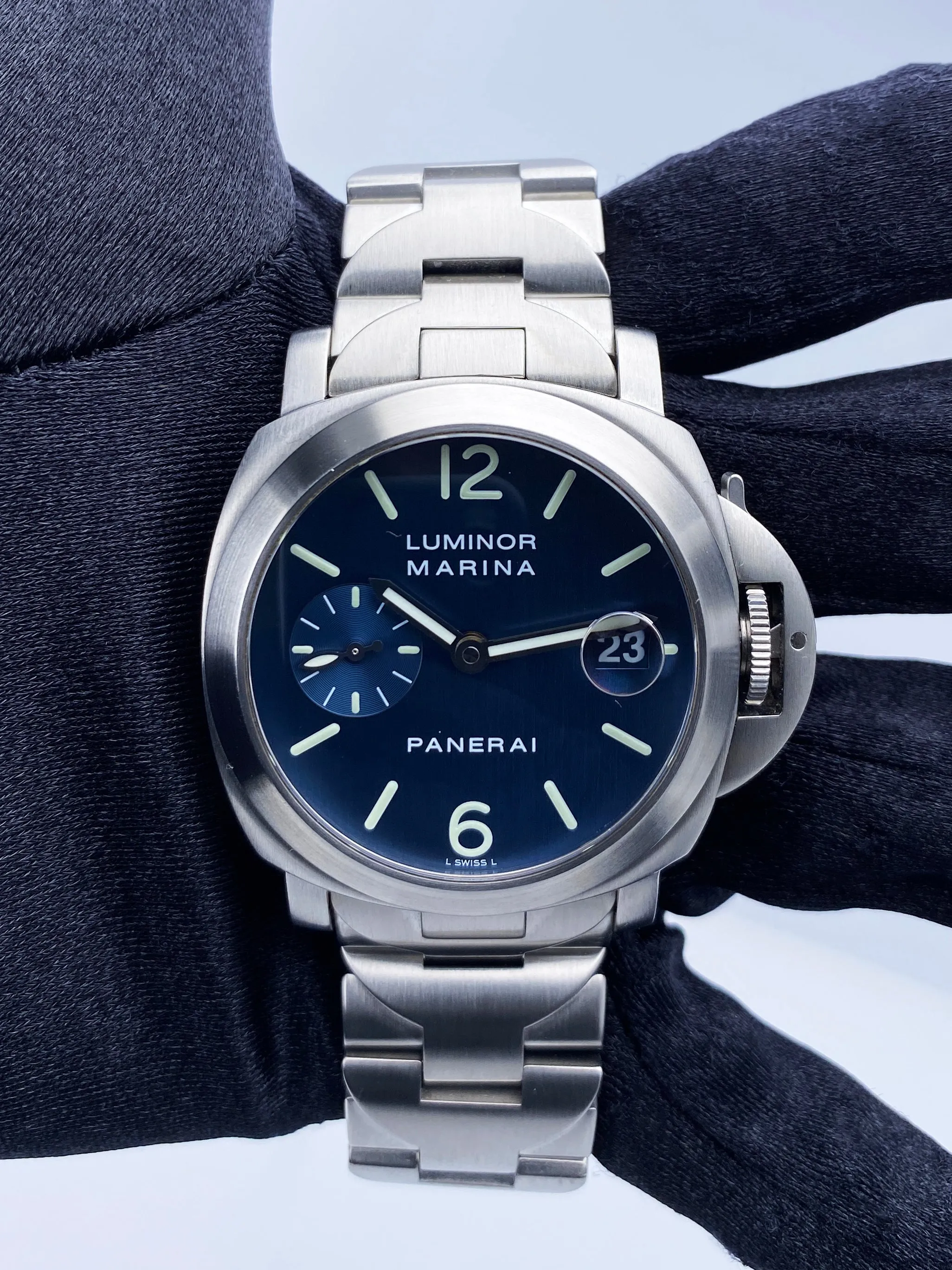 Panerai Luminor Marina PAM120 Blue Dial Mens Watch Box Papers