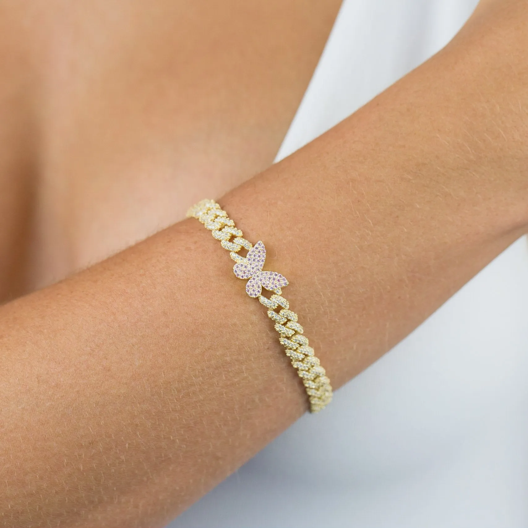 Pavé Pink Butterfly Chain Link Bracelet