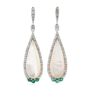 Pear Mop Round Emerald Pave Diamond Drop Dangler Elegant Look In 18k White Gold