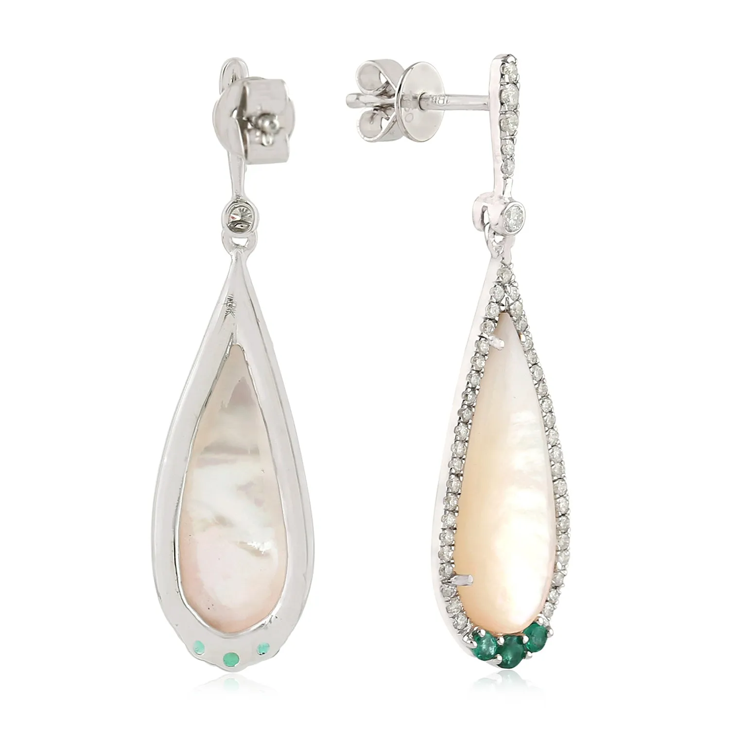 Pear Mop Round Emerald Pave Diamond Drop Dangler Elegant Look In 18k White Gold