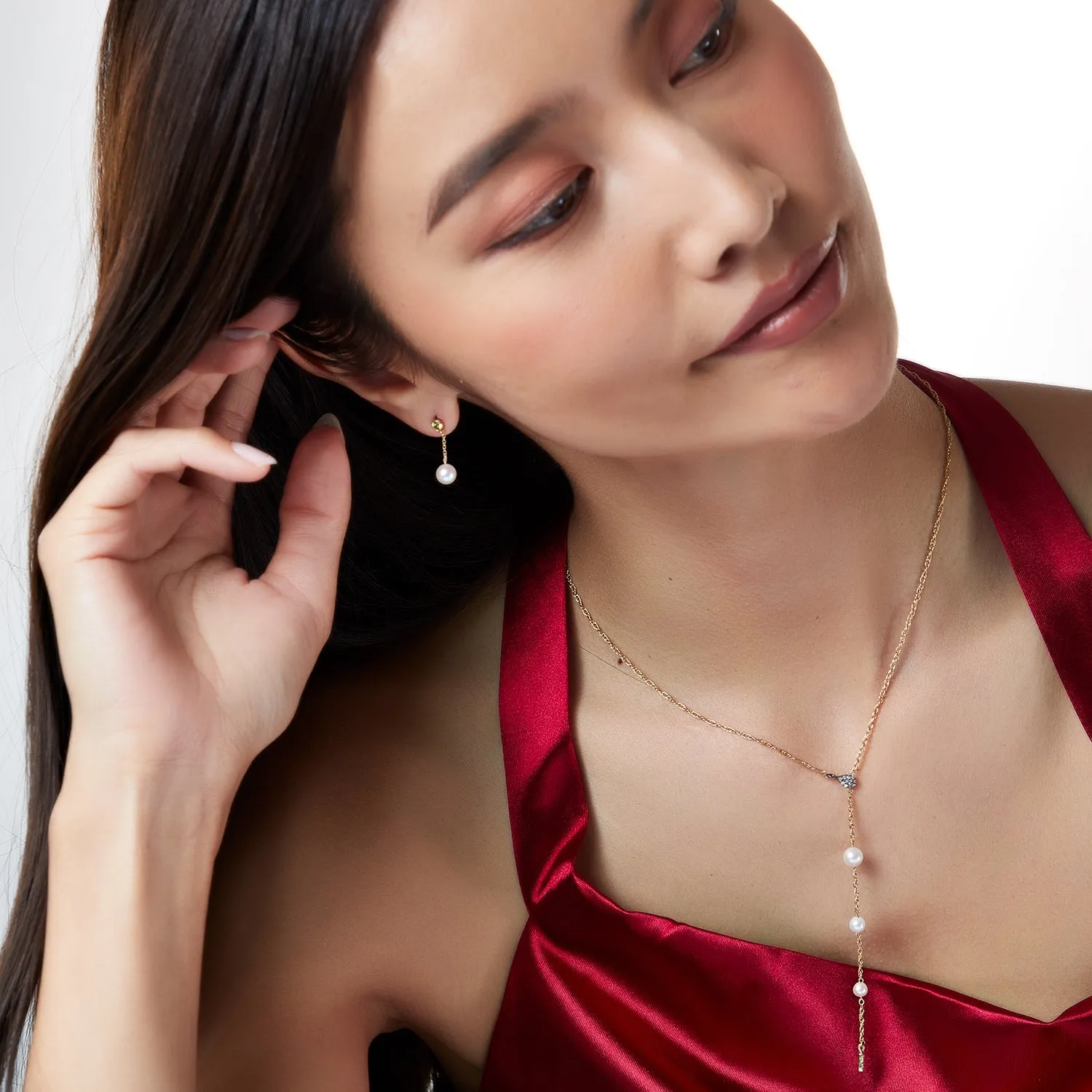 Petite Round Pearl Dangle Earrings in 14k