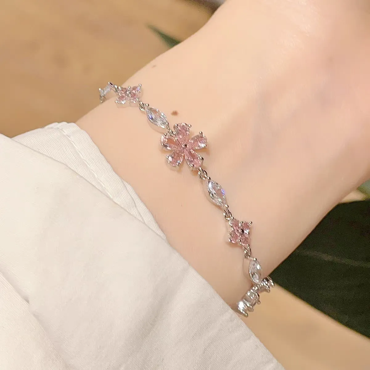 Pink Crystal Cherry Blossom Bracelet