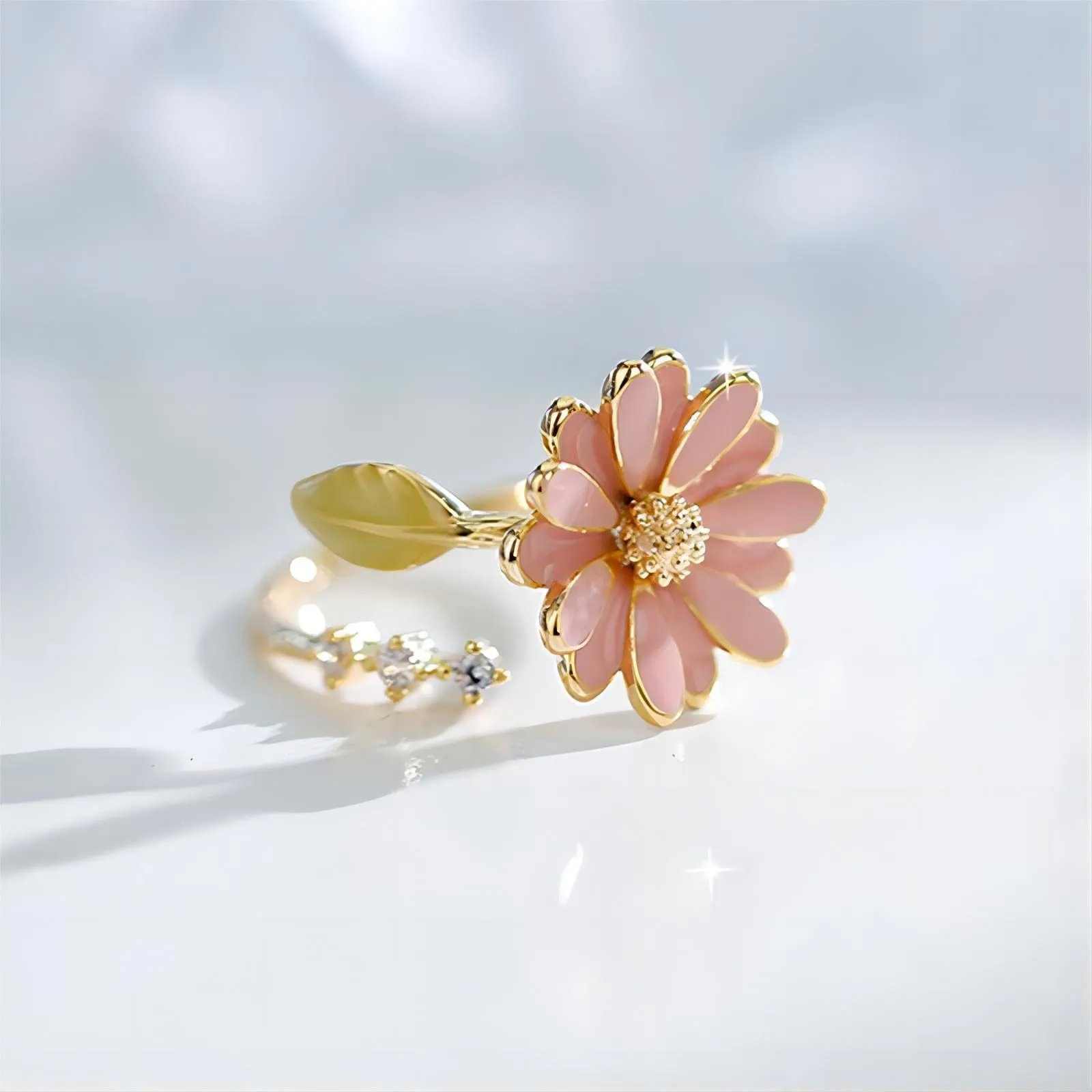 Pink CZ Inlaid Enamel Daisy Ring