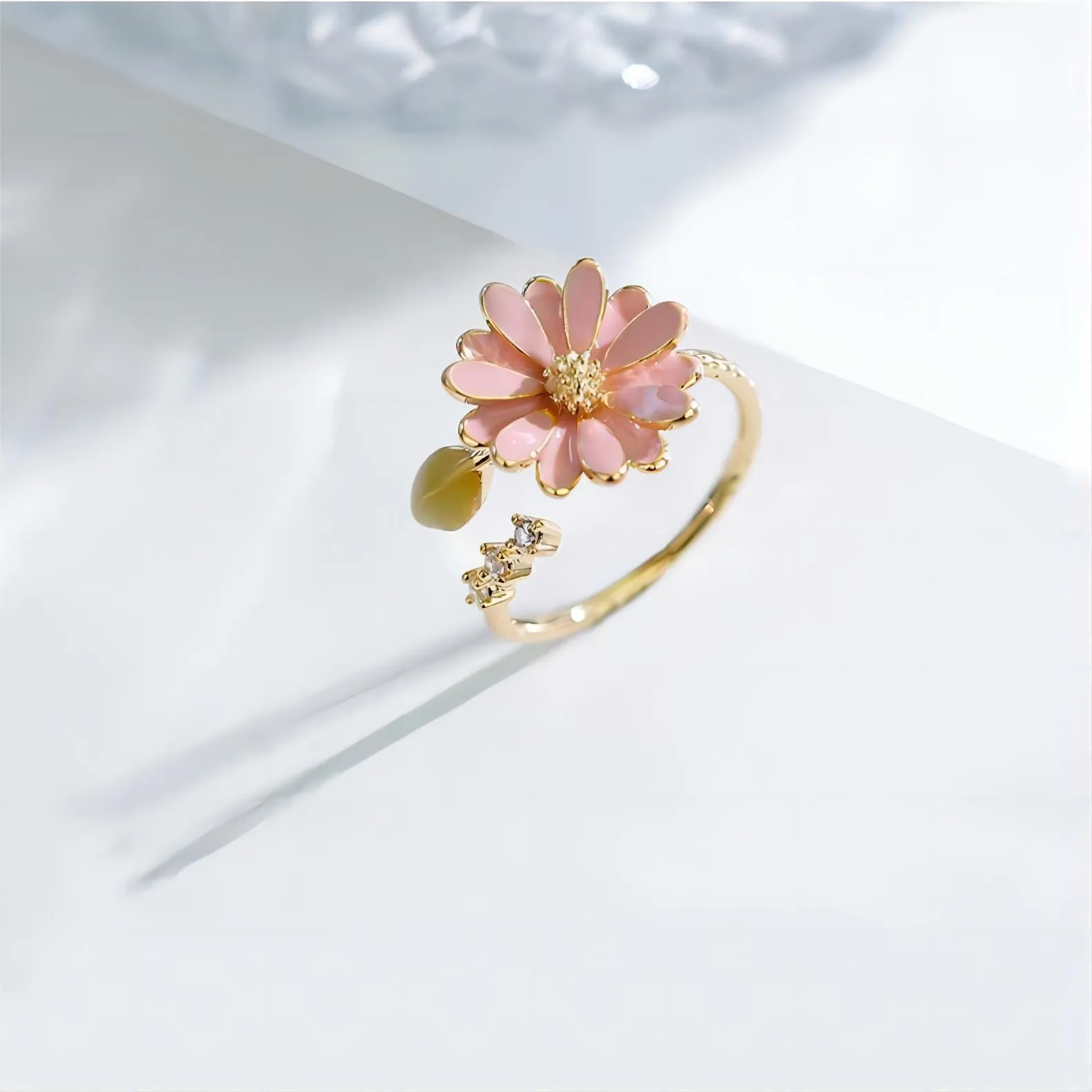 Pink CZ Inlaid Enamel Daisy Ring