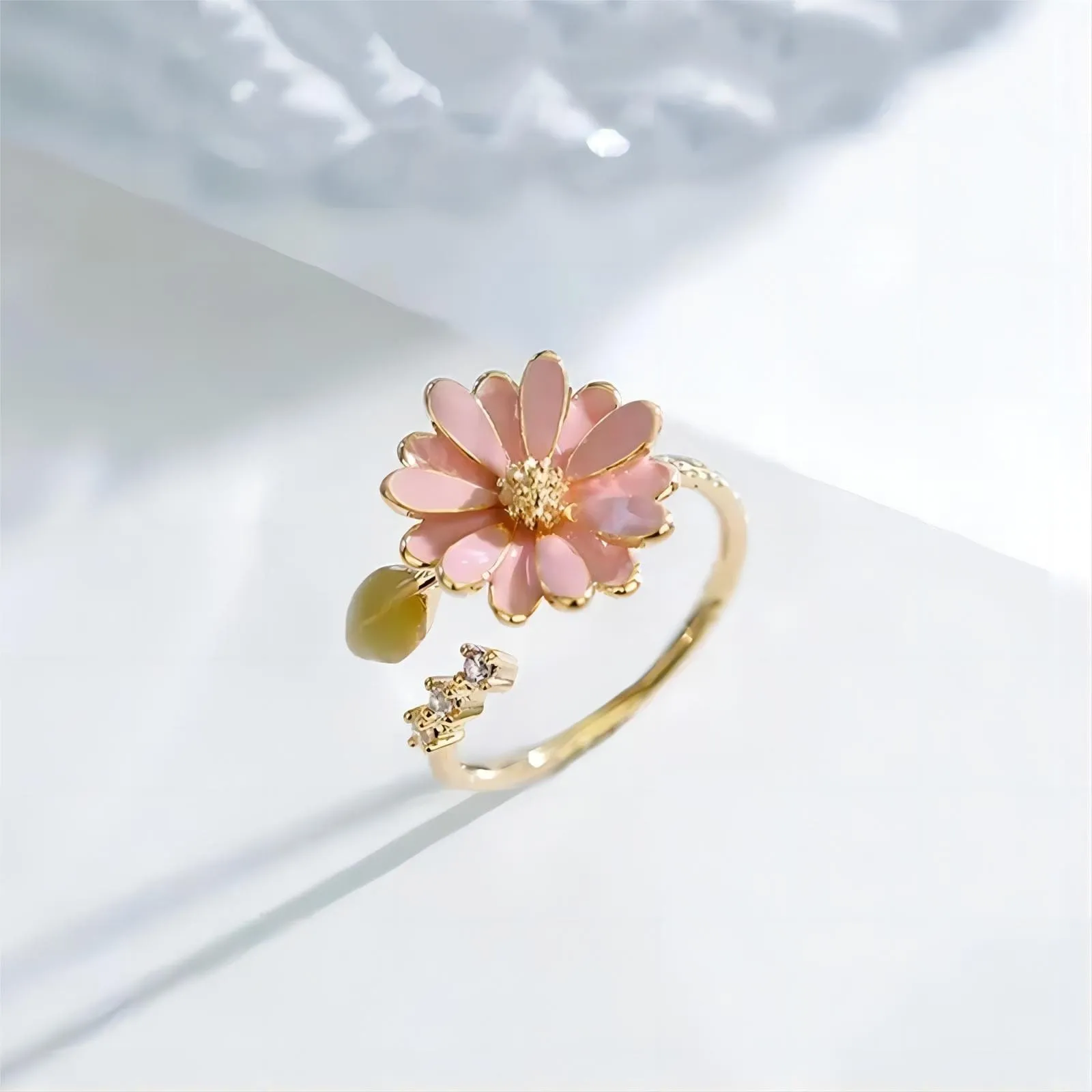 Pink CZ Inlaid Enamel Daisy Ring