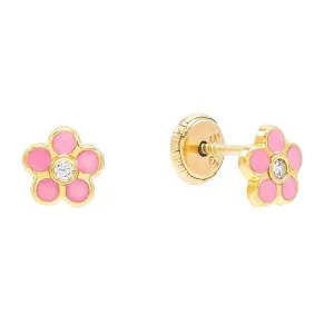 Pink Enamel Flower Stud Earring 14K