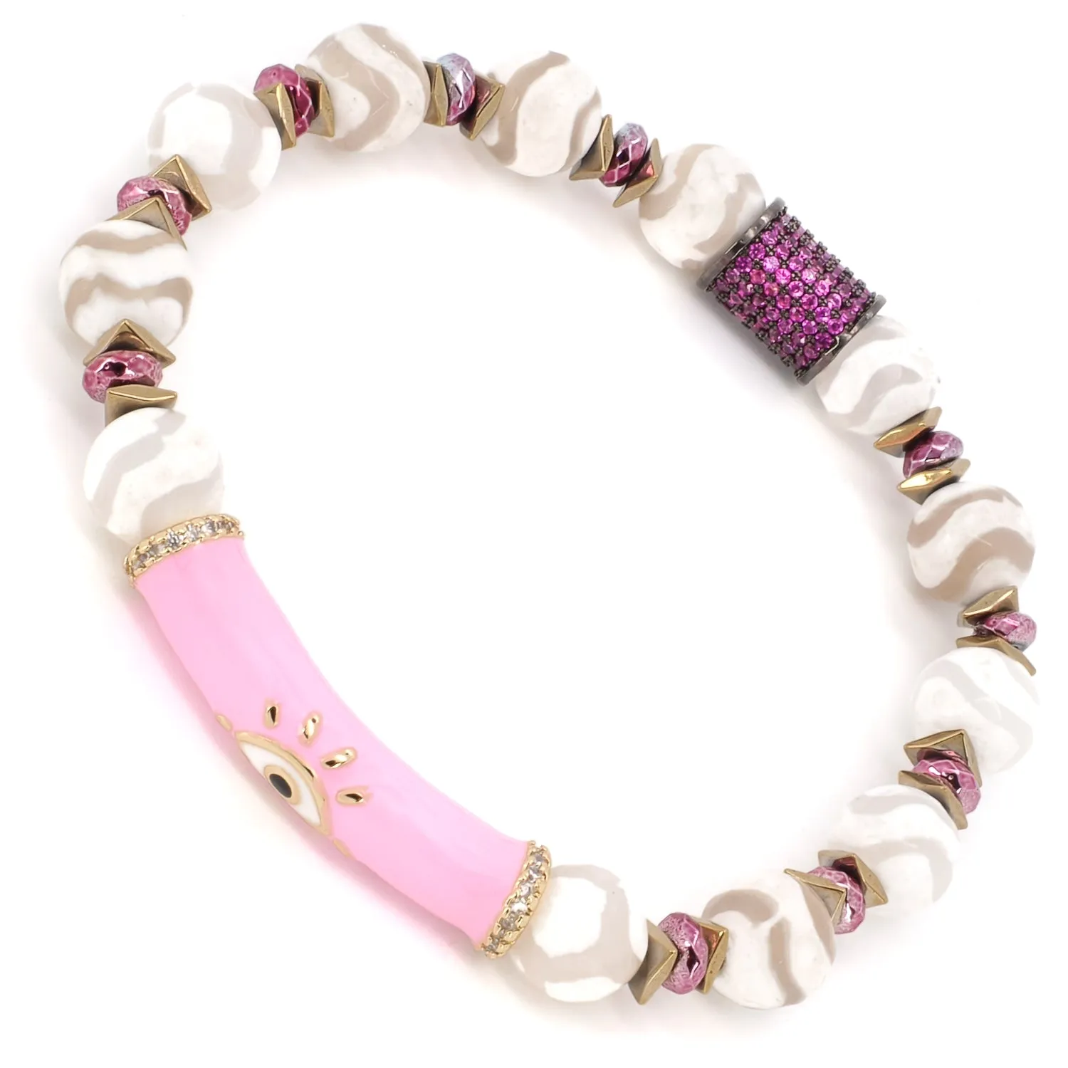 Pink Evil Eye White Nepal Agate Beaded Love Protection Bracelet