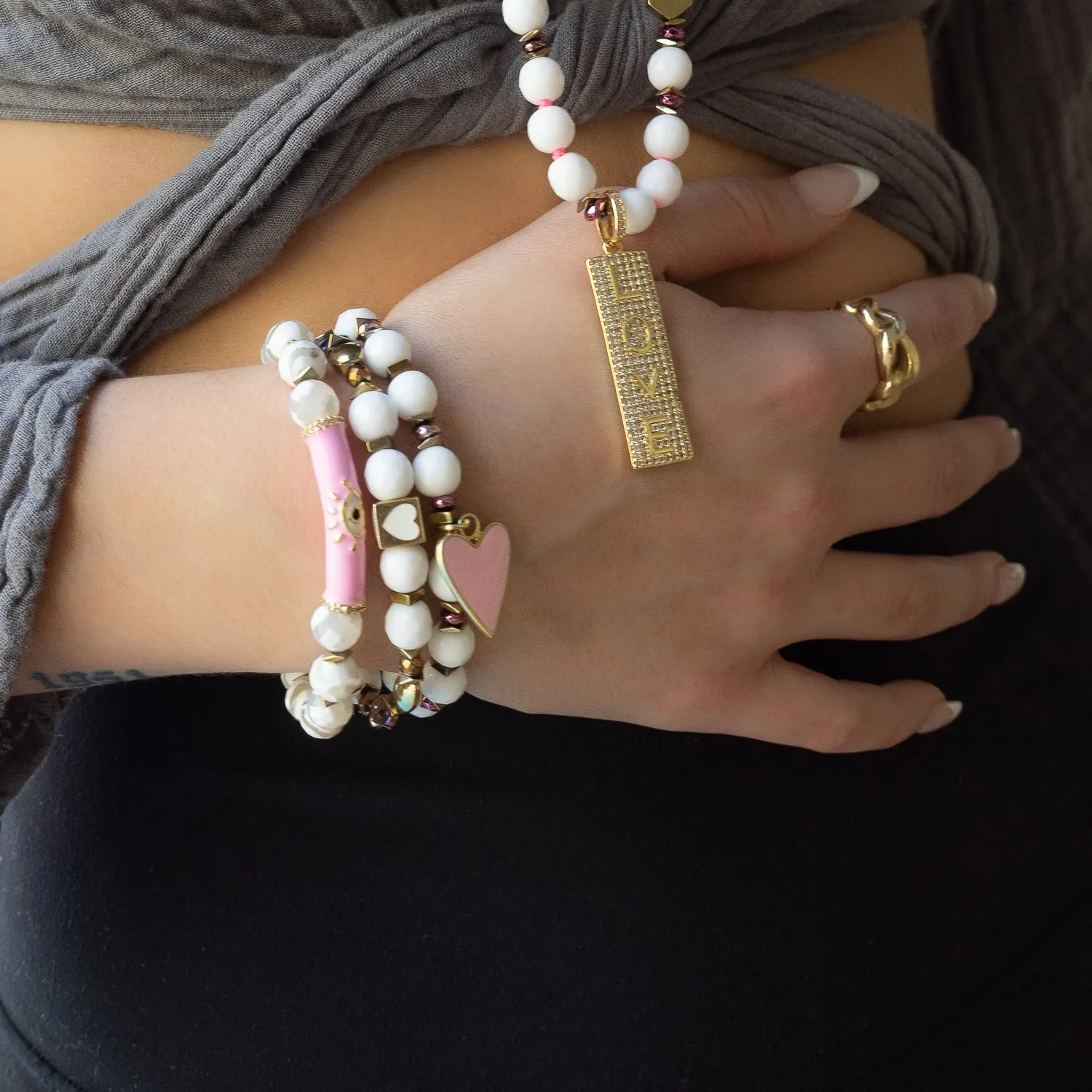 Pink Evil Eye White Nepal Agate Beaded Love Protection Bracelet
