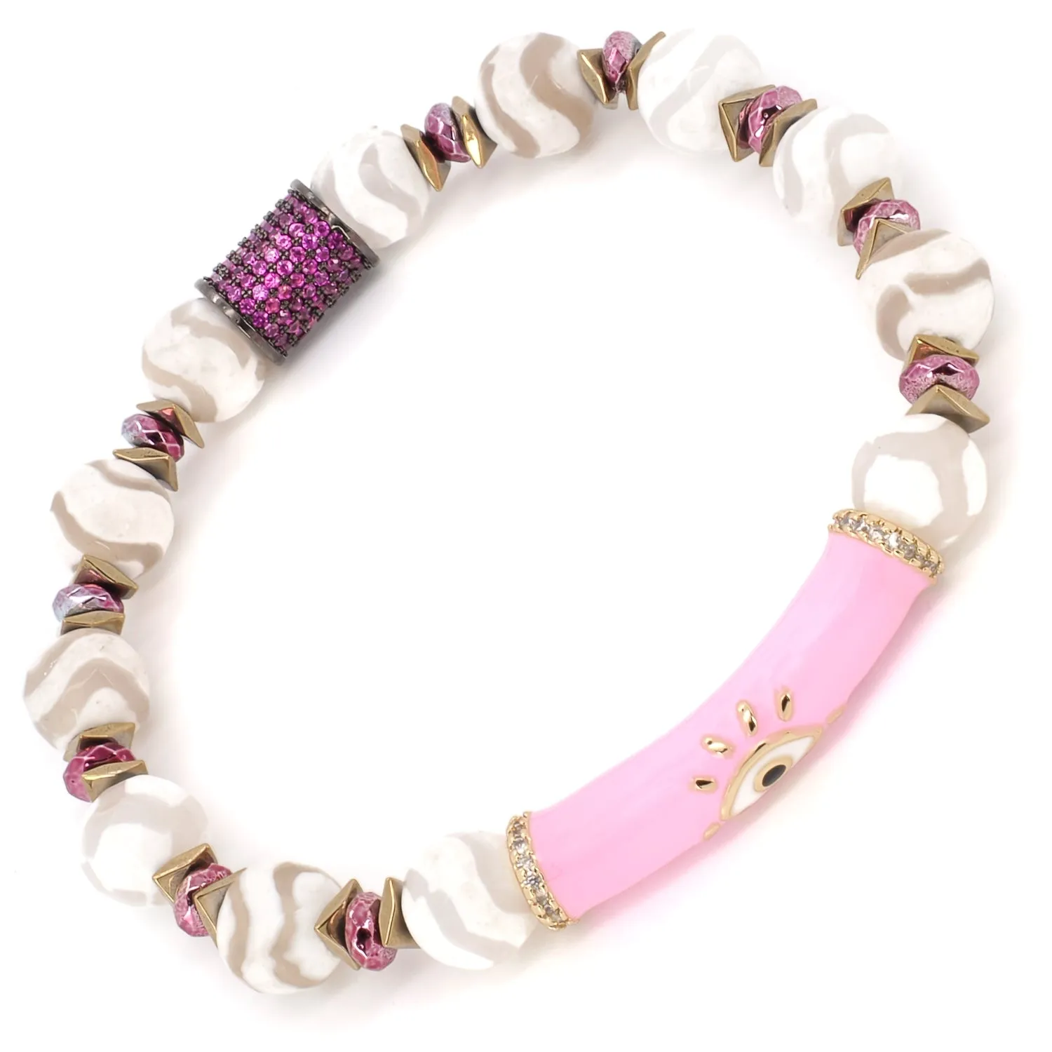 Pink Evil Eye White Nepal Agate Beaded Love Protection Bracelet