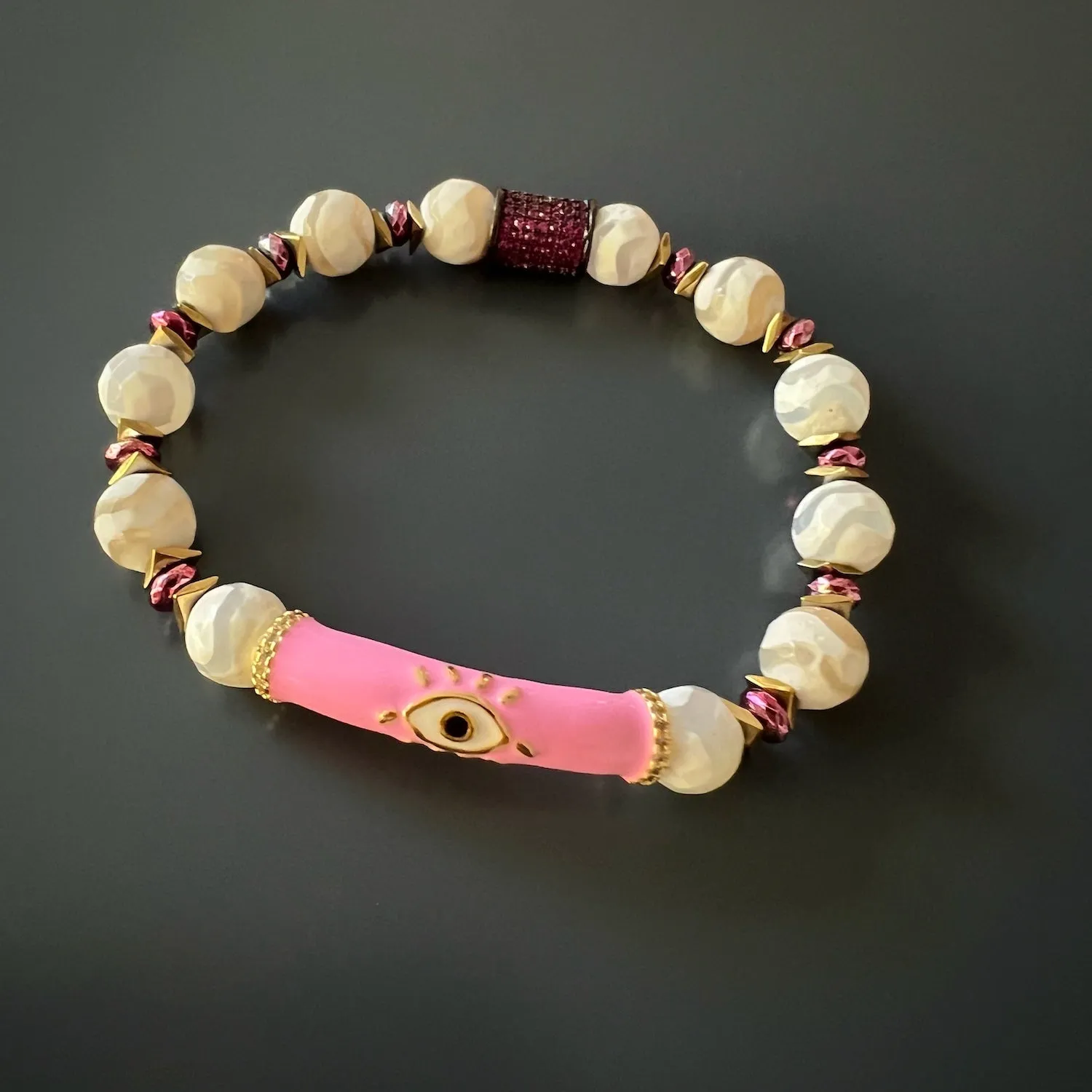 Pink Evil Eye White Nepal Agate Beaded Love Protection Bracelet