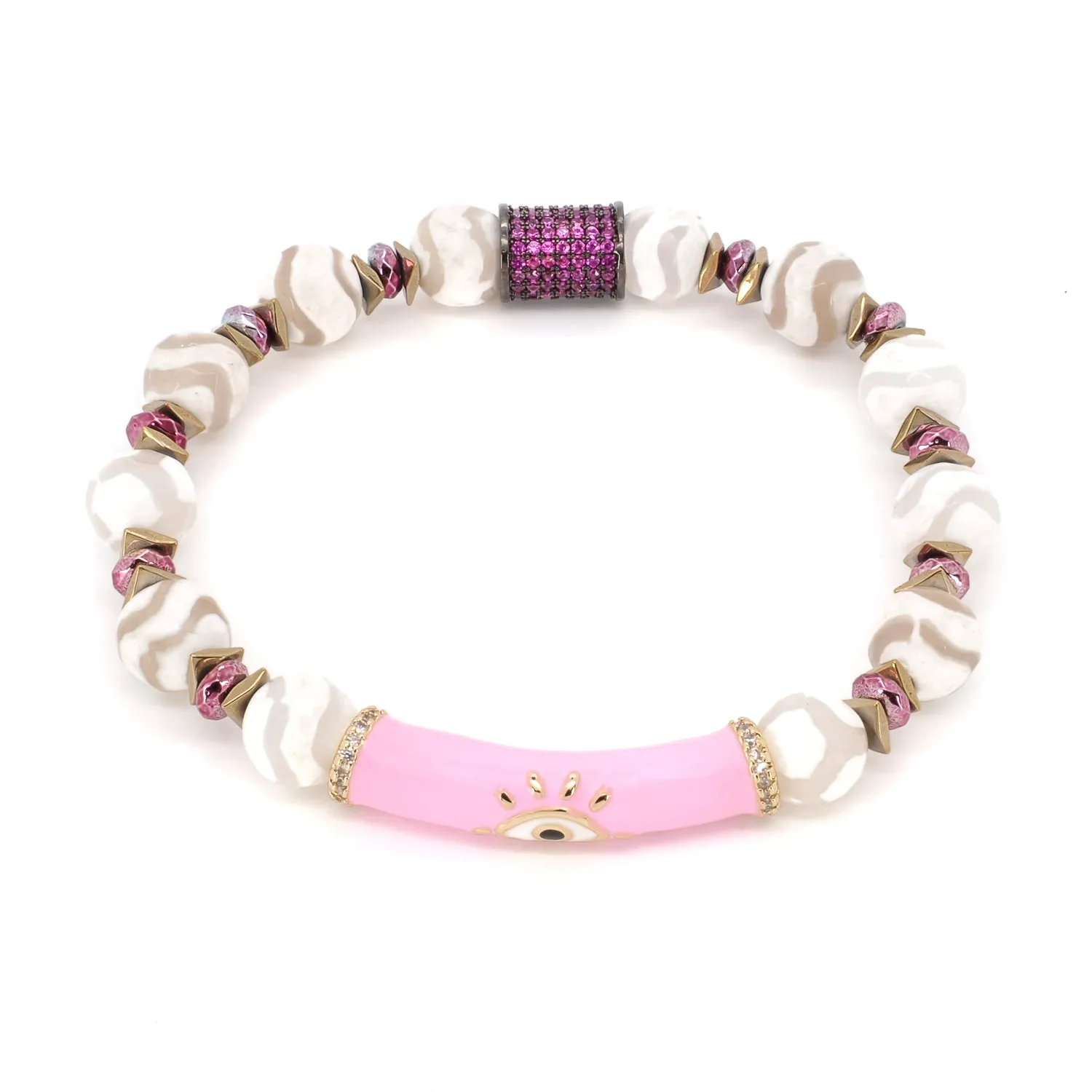 Pink Evil Eye White Nepal Agate Beaded Love Protection Bracelet