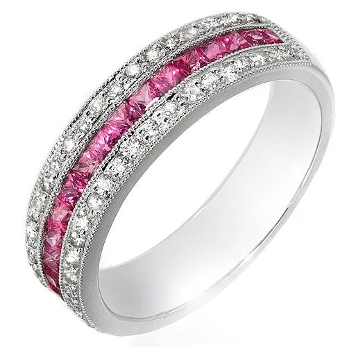 Pink Sapphire  & Round Diamonds in 18k White Gold Ring
