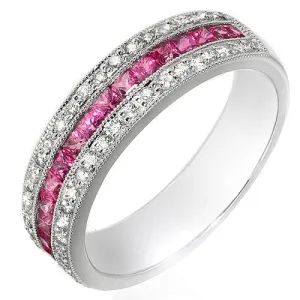 Pink Sapphire  & Round Diamonds in 18k White Gold Ring