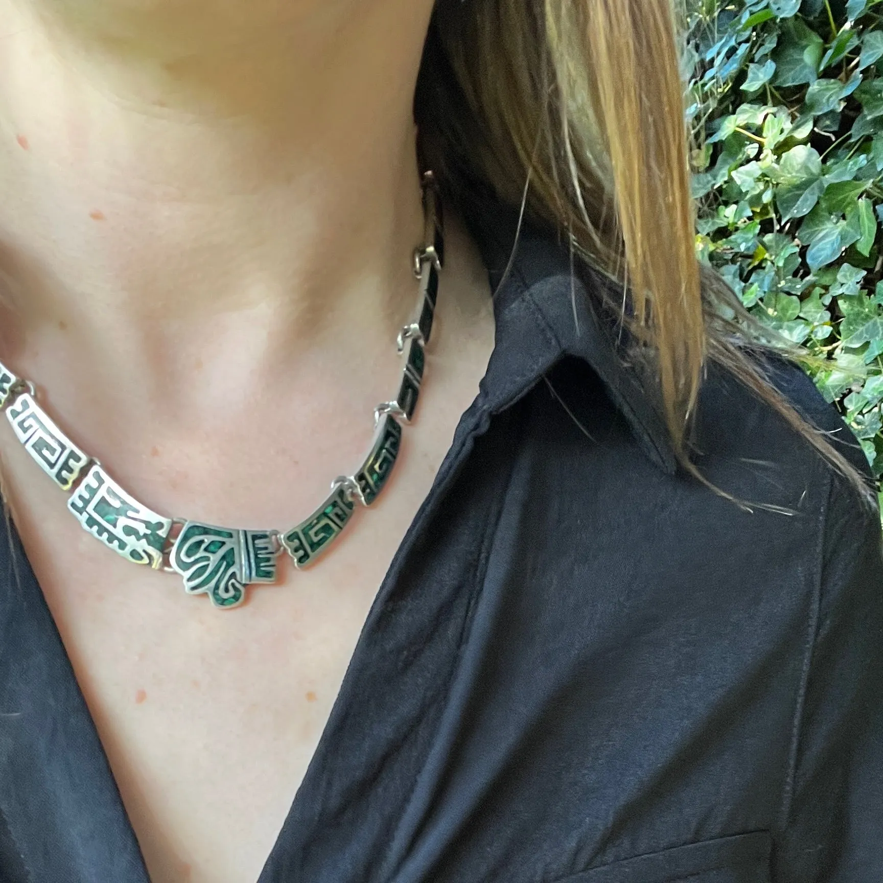 Pre-Columbian Motif Choker in Sterling & Malachite