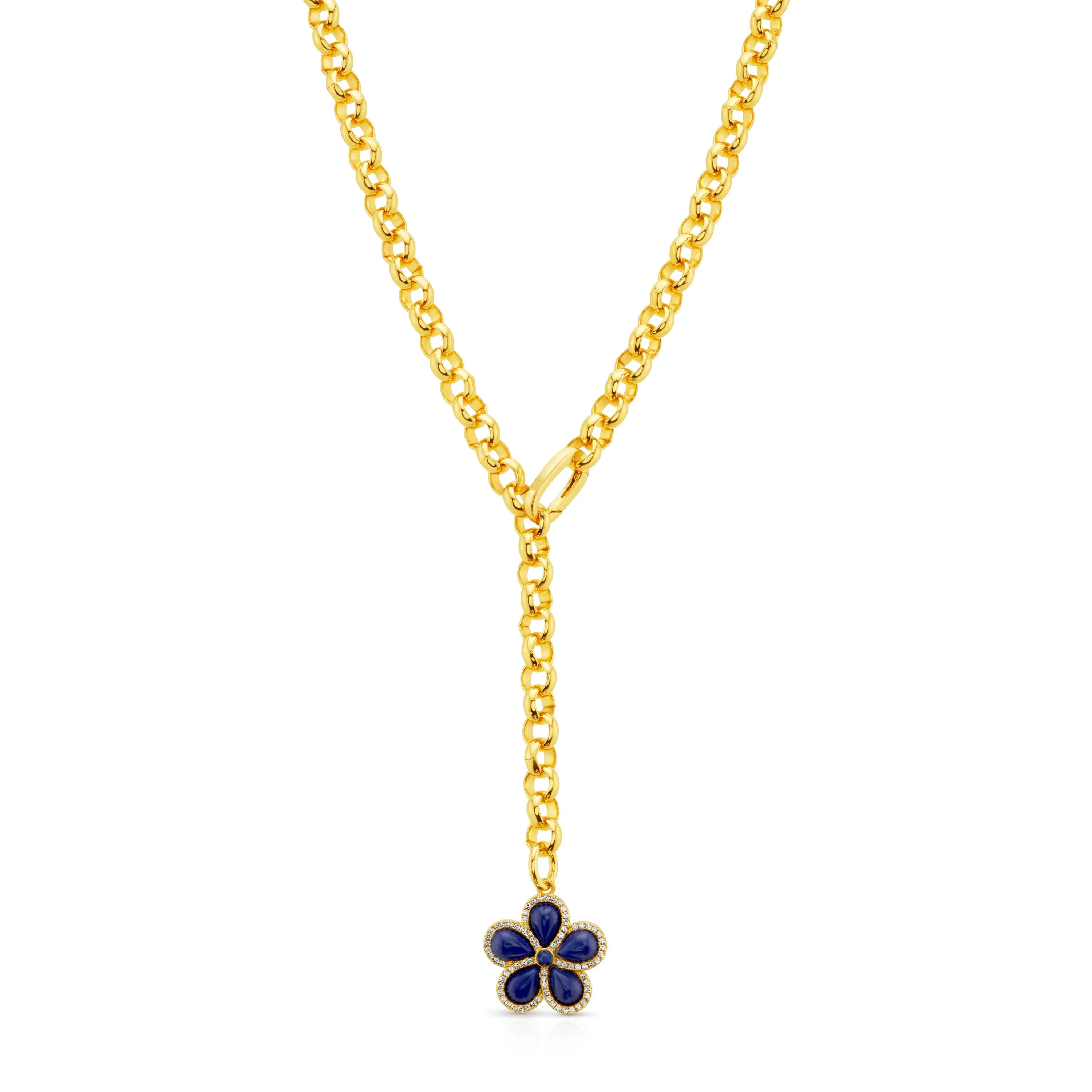 PRECIOUS FLOWER LARIAT CHAIN NECKLACE, LAPIS GOLD