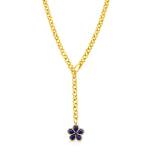 PRECIOUS FLOWER LARIAT CHAIN NECKLACE, LAPIS GOLD