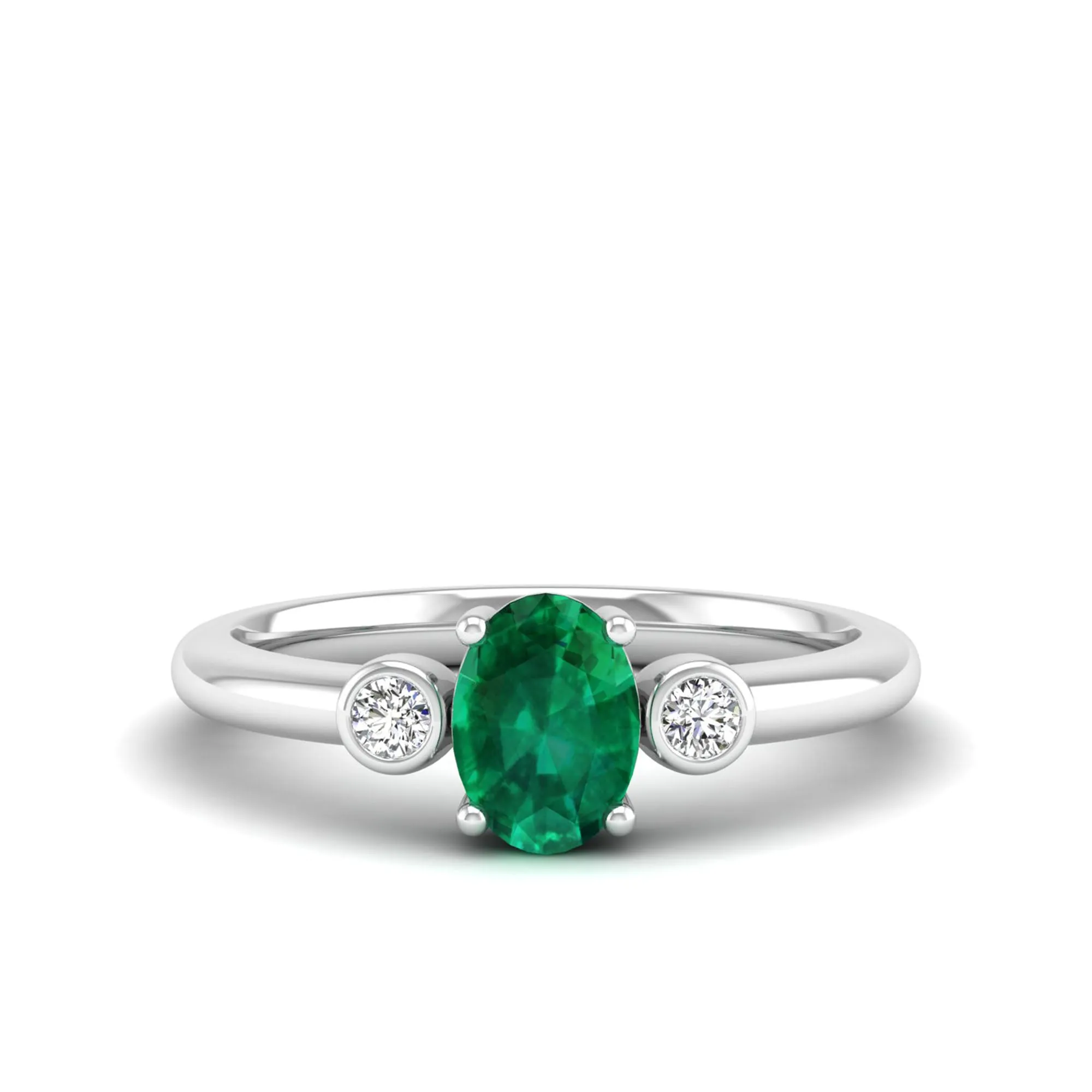 Prong-Set Oval Emerald and Bezel Diamond Ring