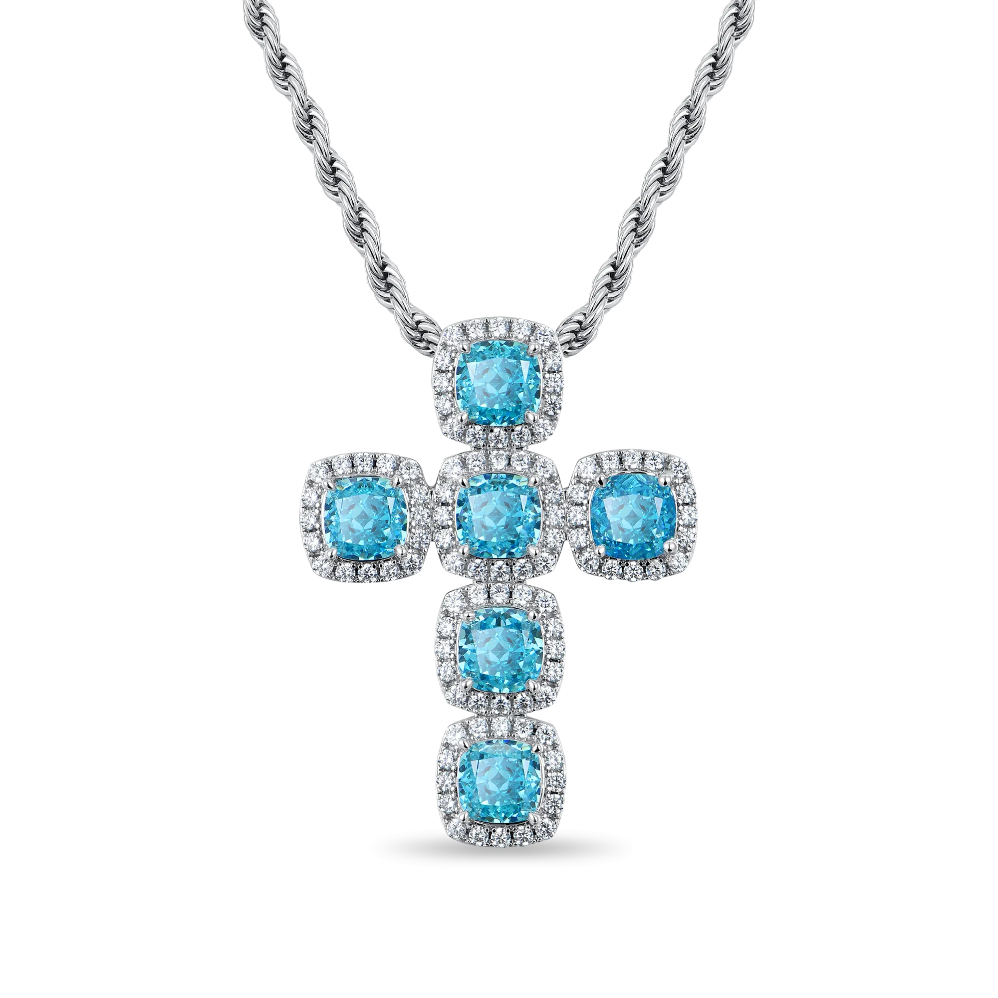 Radiant Cut Clustered Cross Pendant - Aquamarine