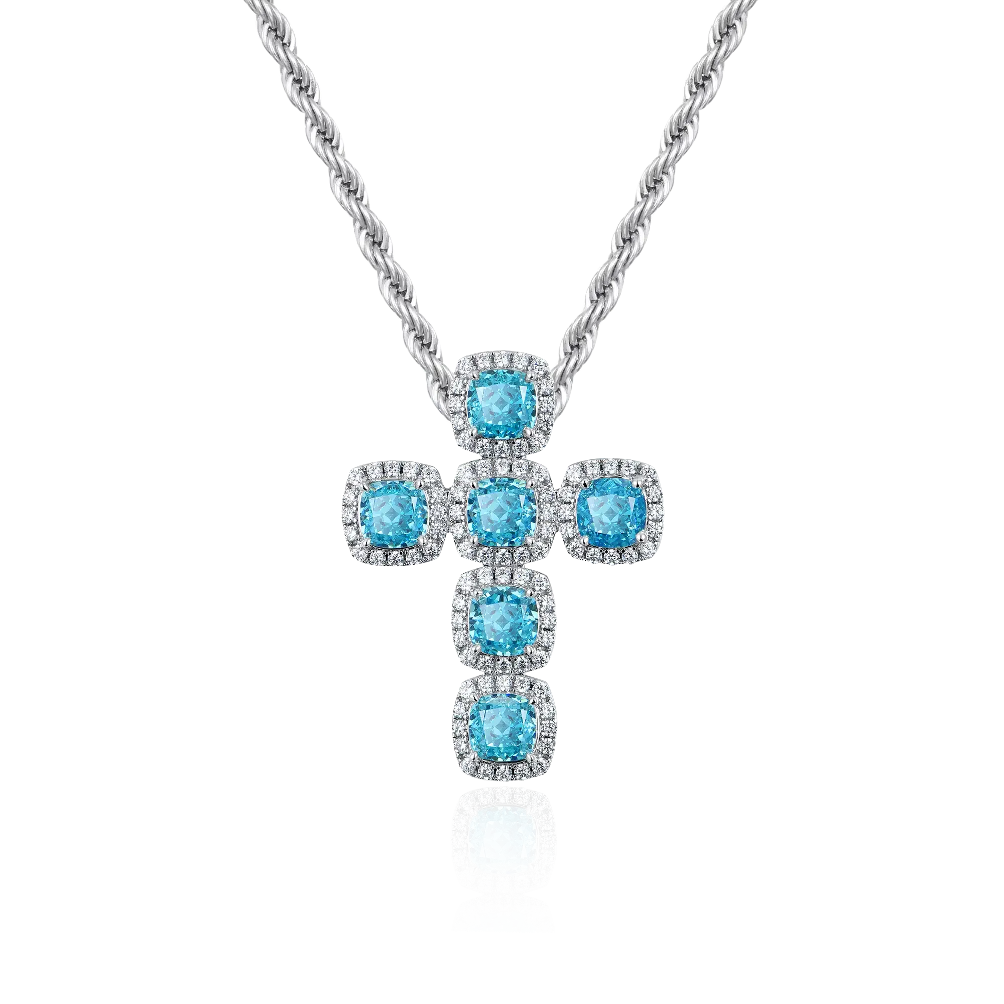 Radiant Cut Clustered Cross Pendant - Aquamarine
