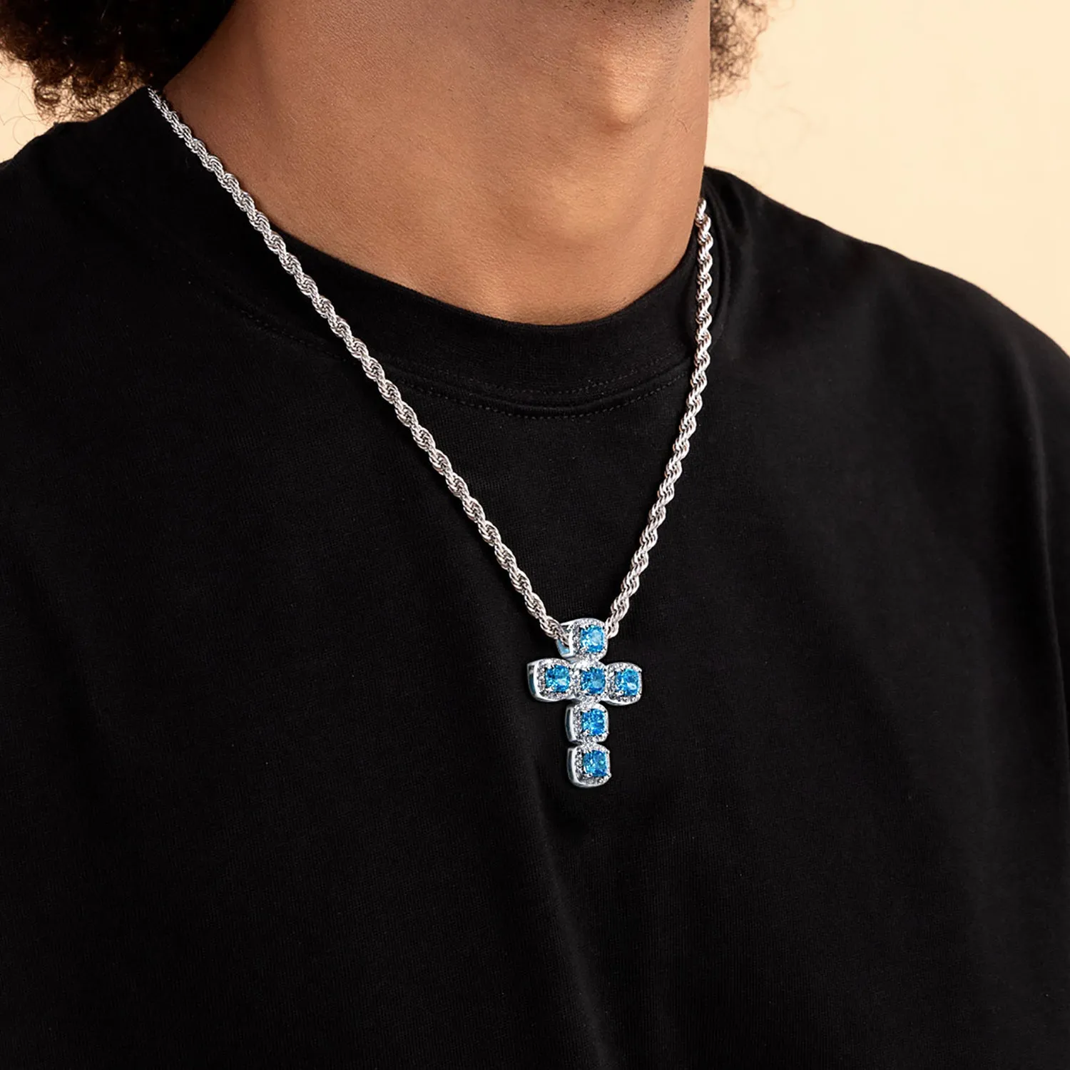 Radiant Cut Clustered Cross Pendant - Aquamarine