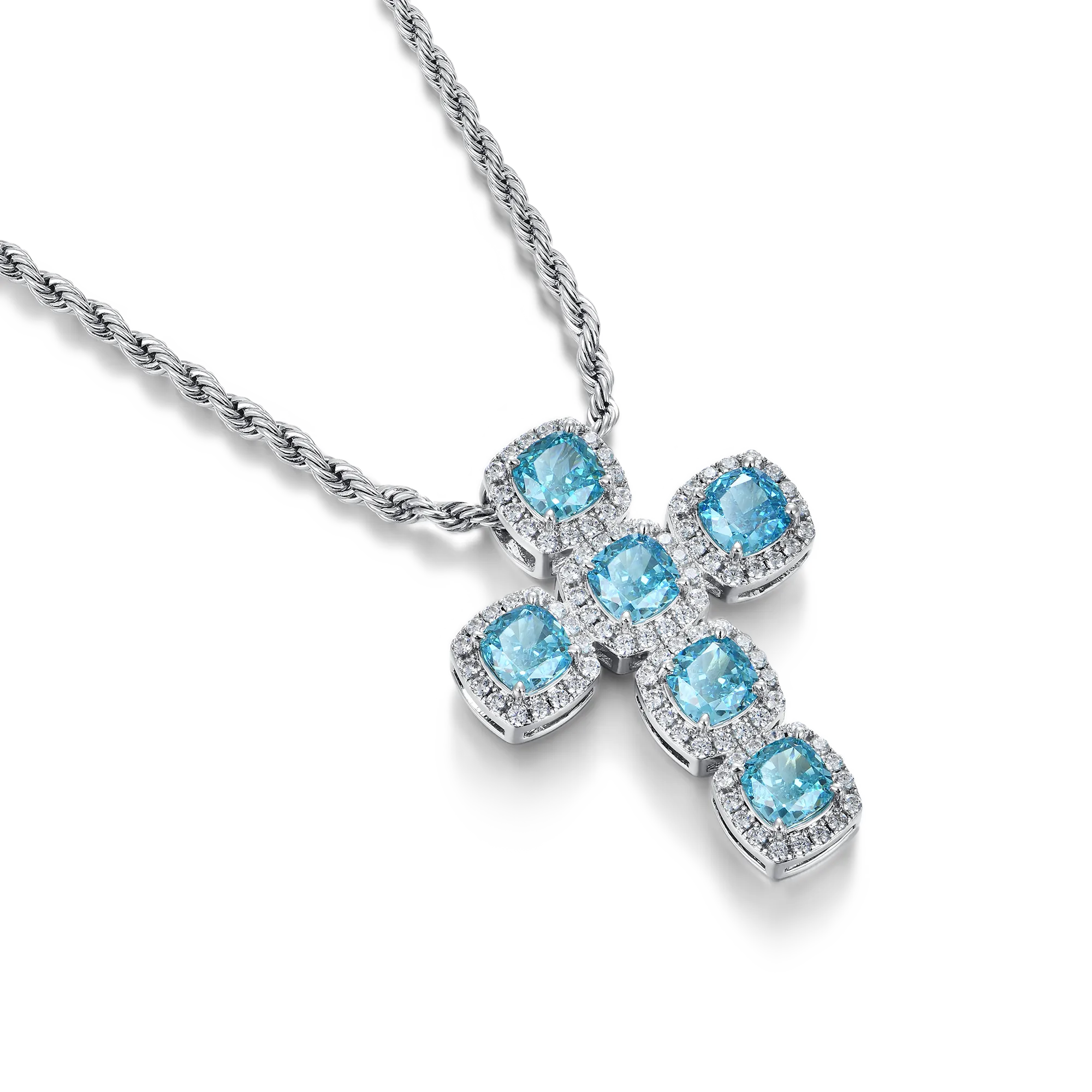 Radiant Cut Clustered Cross Pendant - Aquamarine