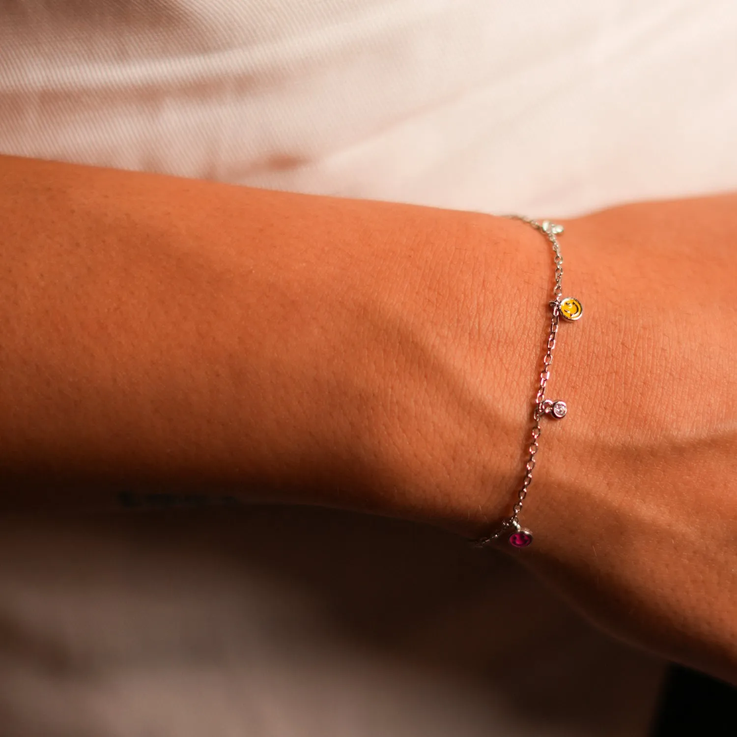 Rainbow Smiley Face Sterling Silver & Diamond Bracelet