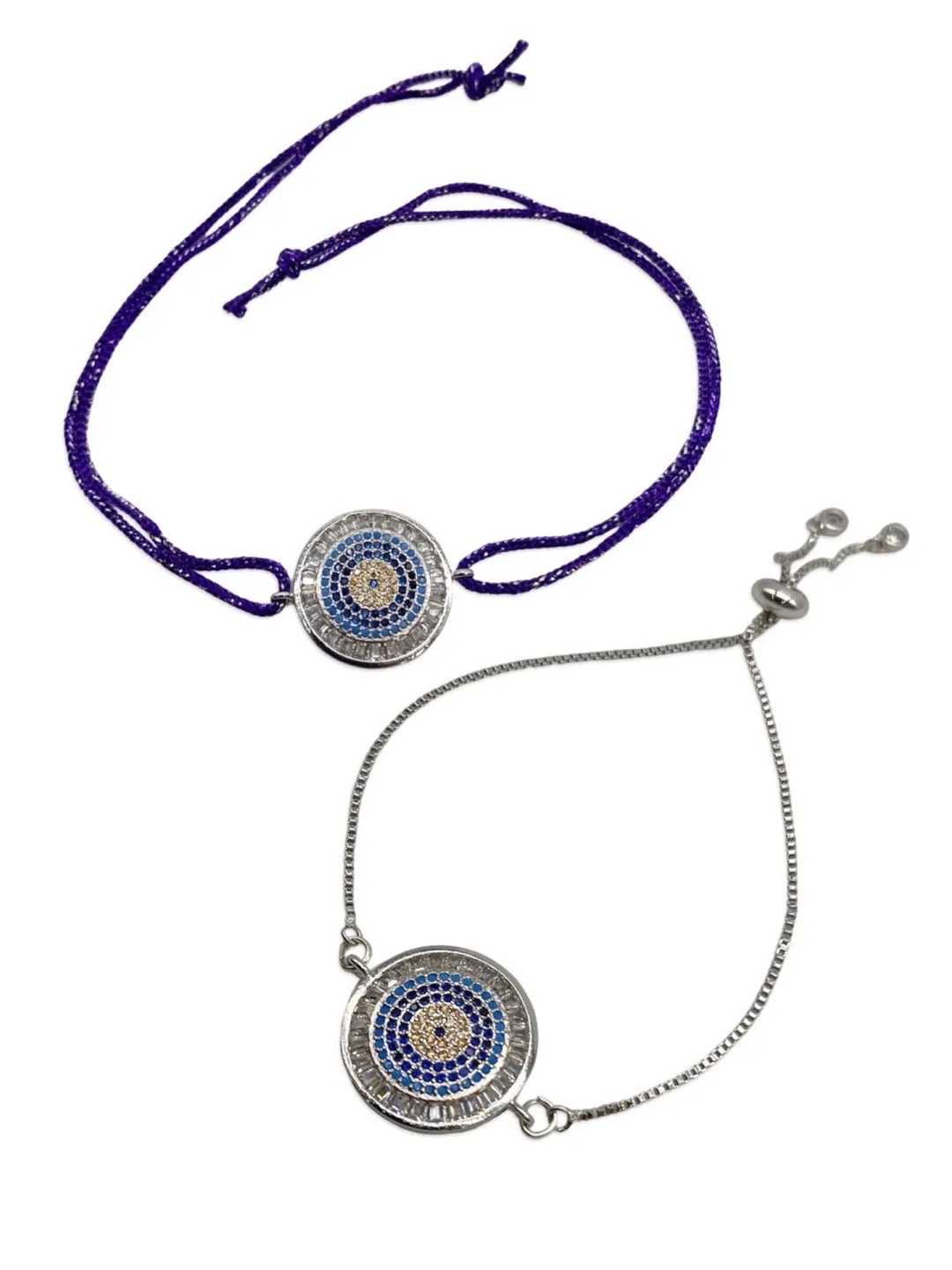 (Rakhi Set of 2) Fancy Silver Plated Round Evil Eye Thread Rakhi & Bracelet For Raksha Bandhan