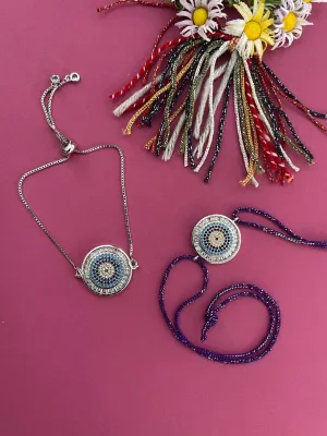 (Rakhi Set of 2) Fancy Silver Plated Round Evil Eye Thread Rakhi & Bracelet For Raksha Bandhan