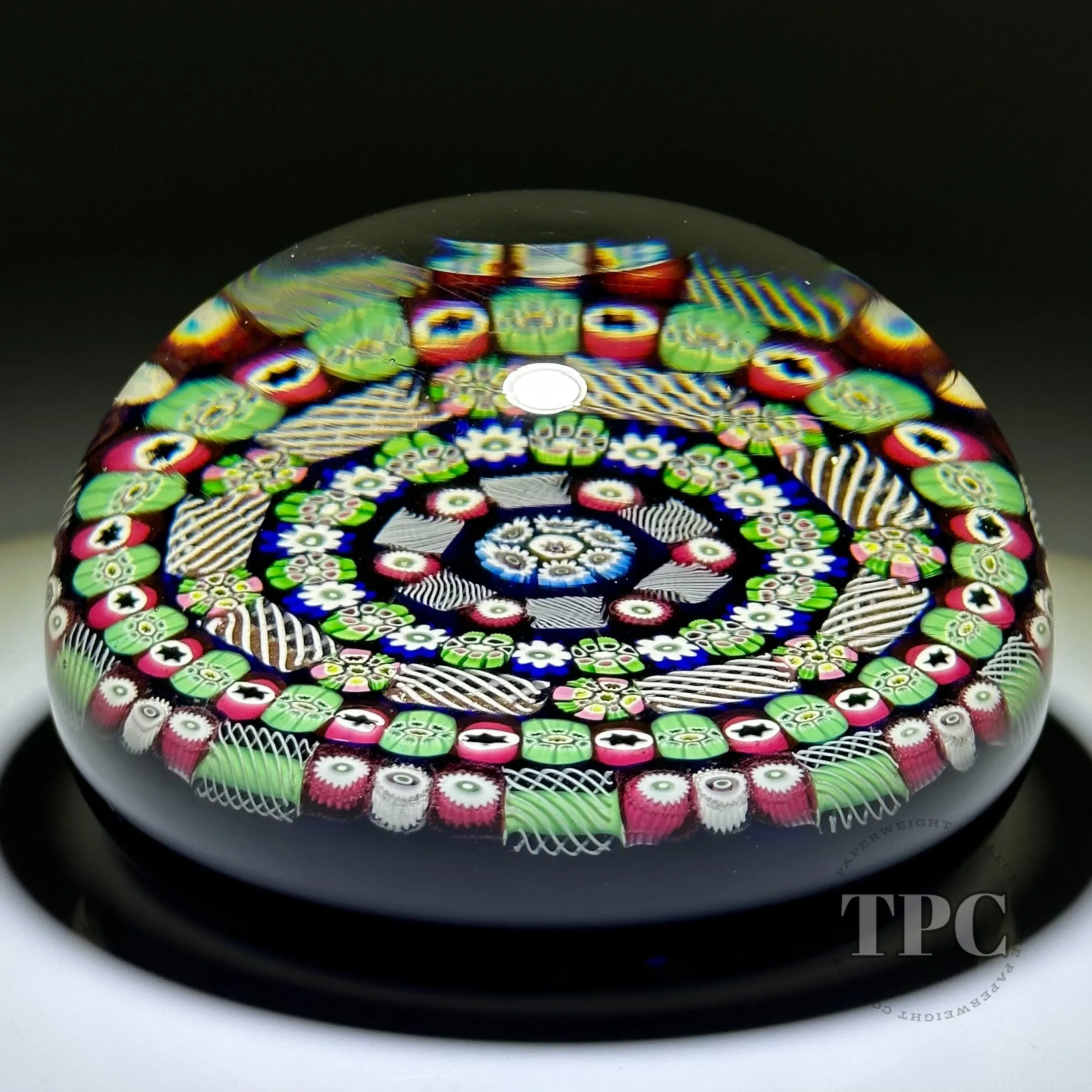 Rare Super Magnum Paul Ysart Glass Art Paperweight Concentric Complex Millefiori & Twists on Blue Ground