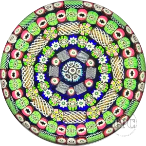 Rare Super Magnum Paul Ysart Glass Art Paperweight Concentric Complex Millefiori & Twists on Blue Ground