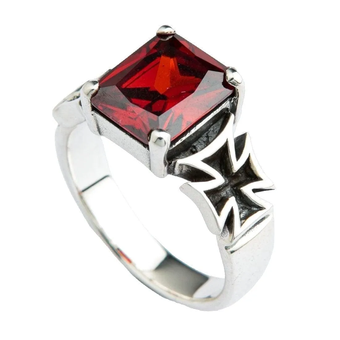 Red Garnet Sterling Silver Iron Cross Ring