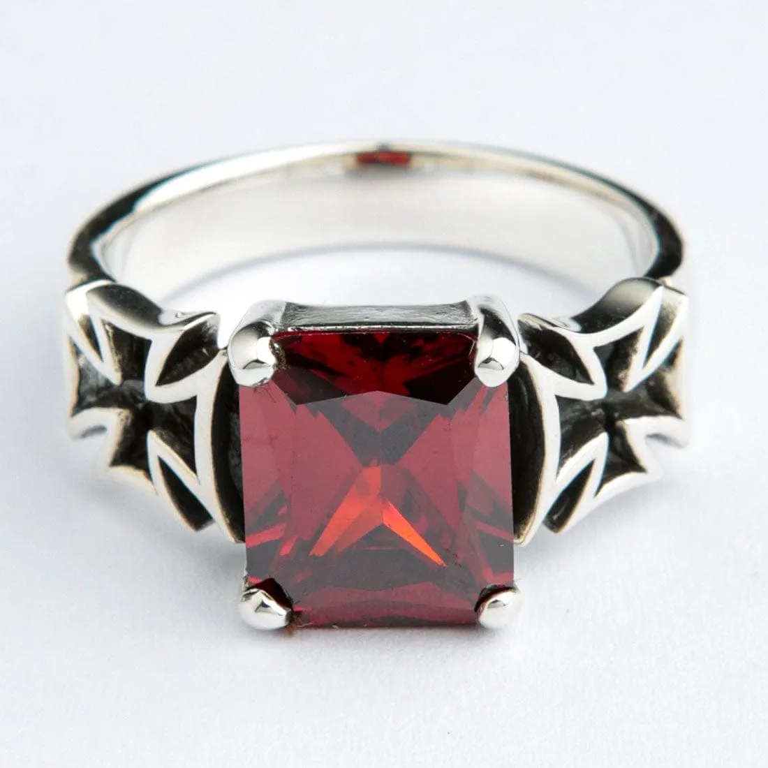 Red Garnet Sterling Silver Iron Cross Ring