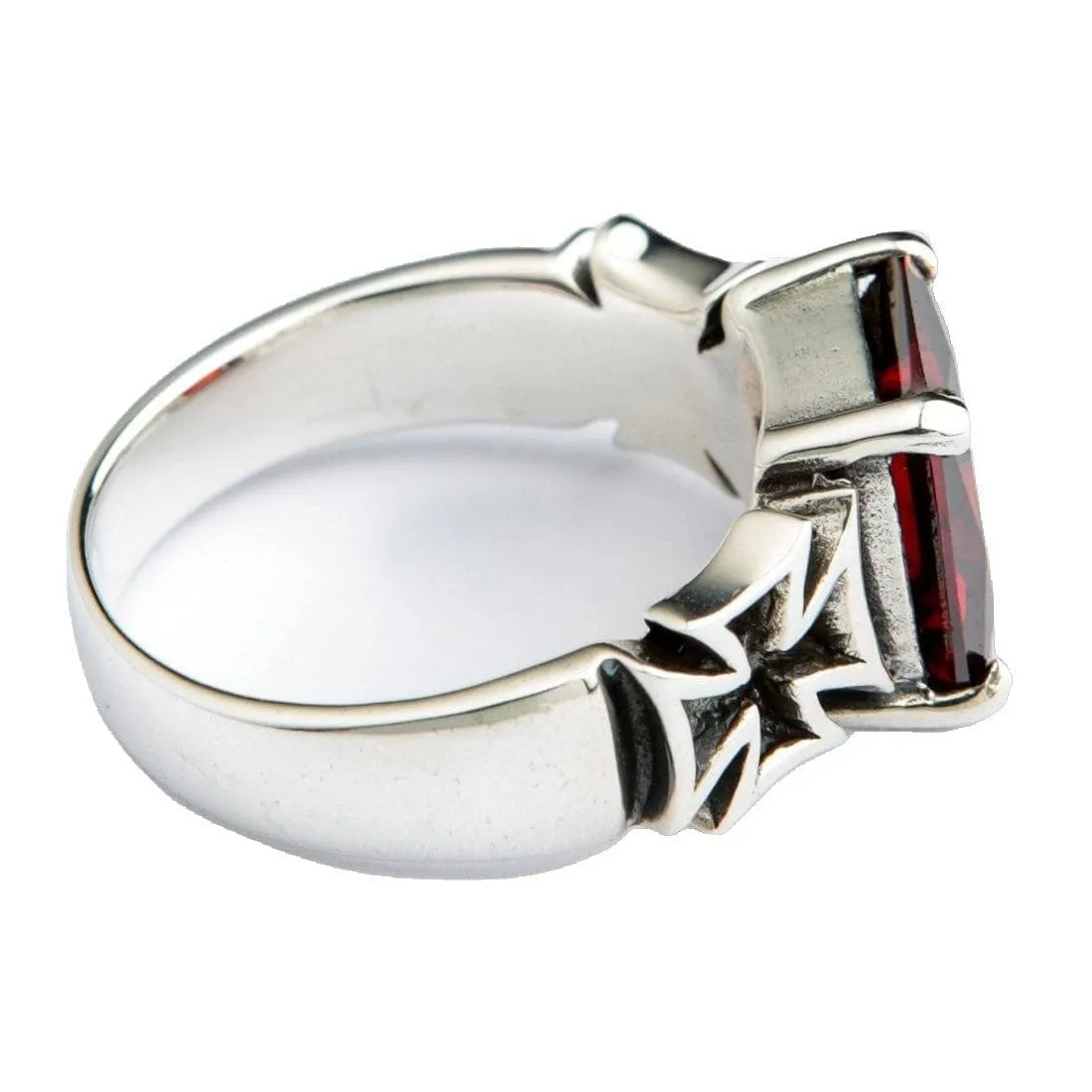 Red Garnet Sterling Silver Iron Cross Ring