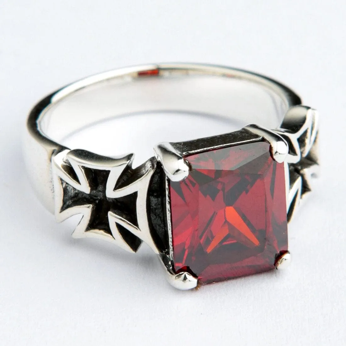 Red Garnet Sterling Silver Iron Cross Ring