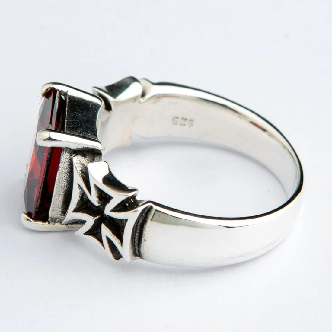 Red Garnet Sterling Silver Iron Cross Ring