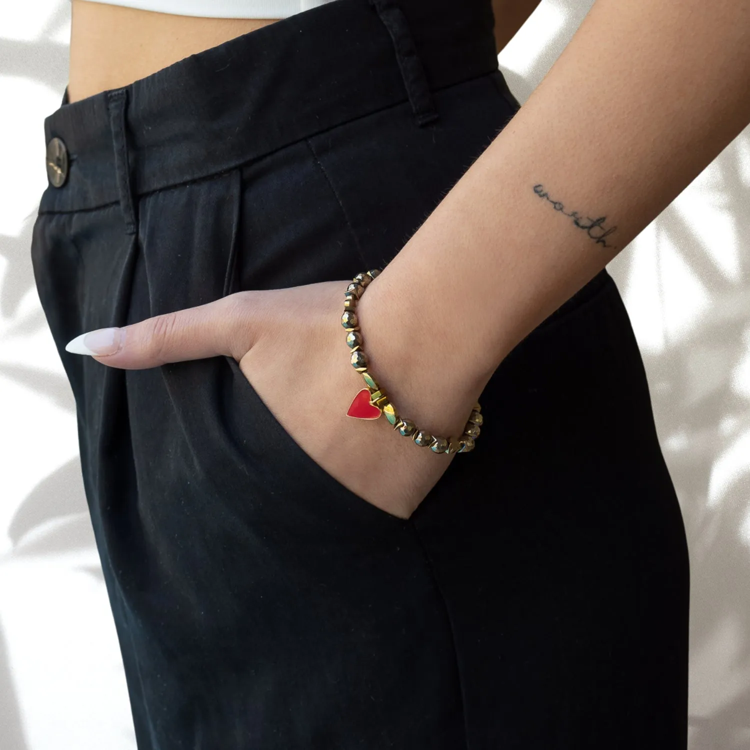Red Heart Gold Hematite Stone Love Beaded Bracelet