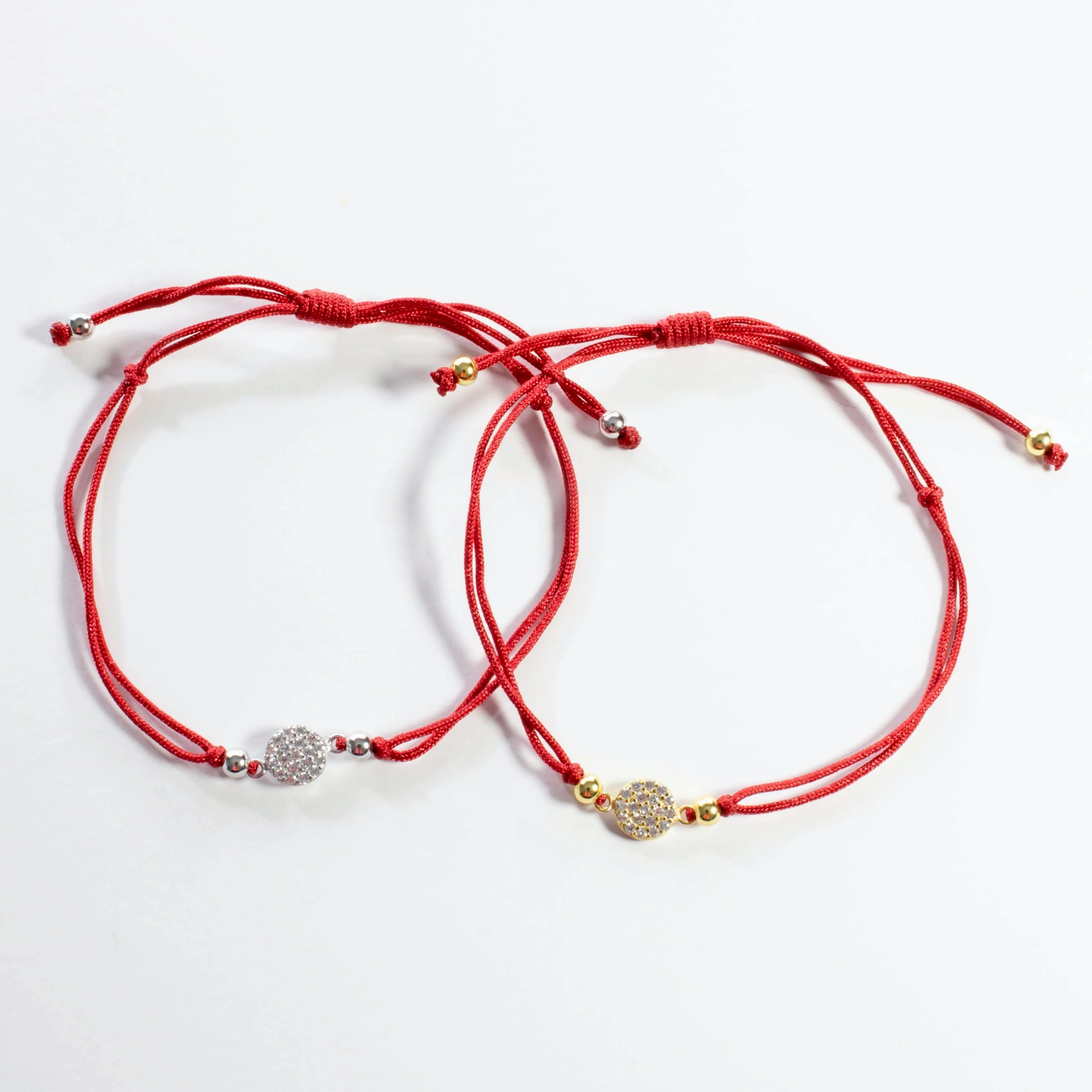 Red String CZ Disc Bracelet - Gold or Silver