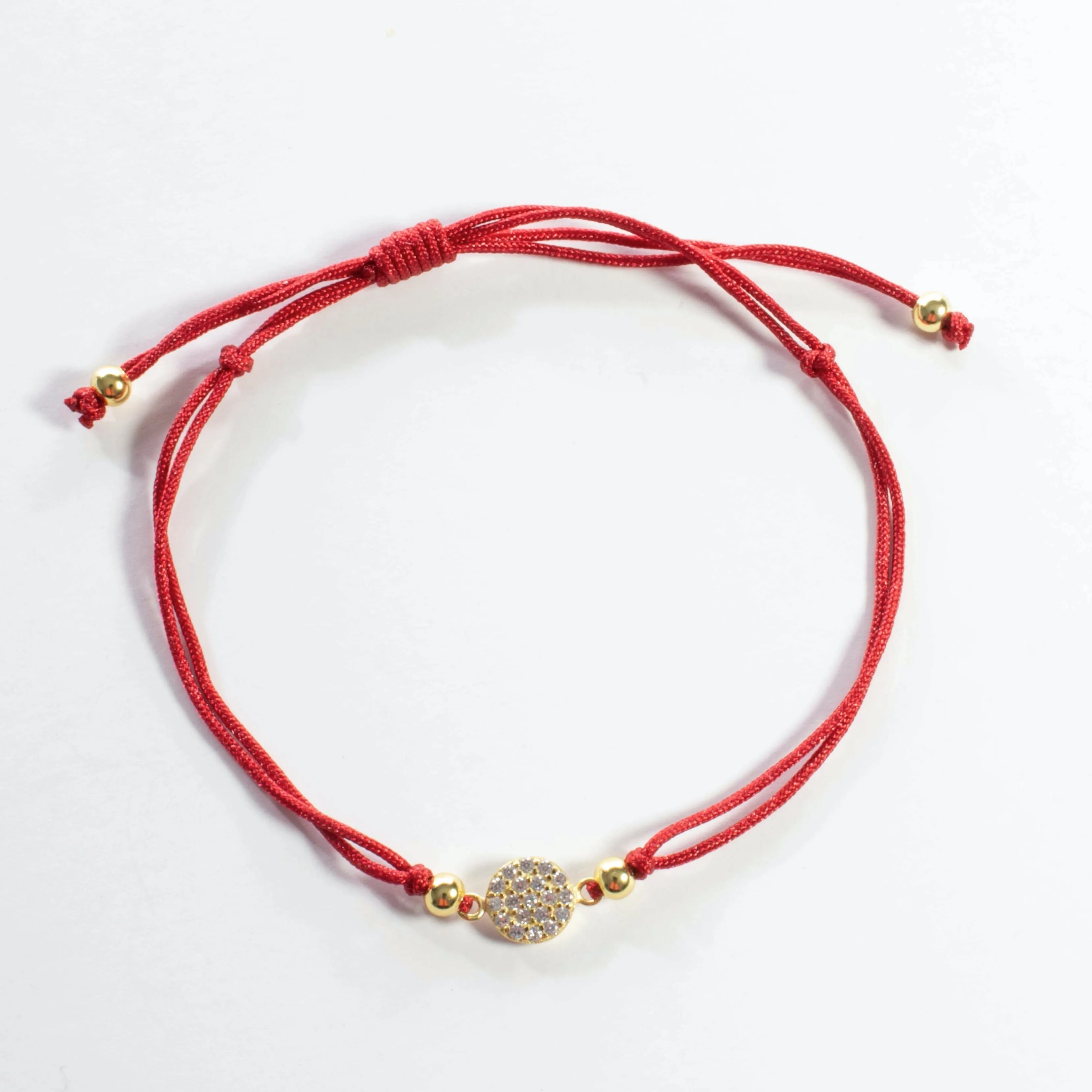 Red String CZ Disc Bracelet - Gold or Silver