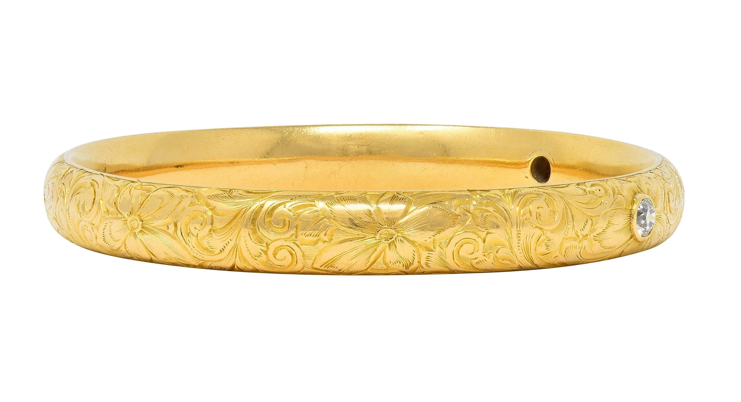Riker Brothers Art Nouveau 1913 0.82 CTW Sapphire Diamond 18K Gold Antique Bangle Bracelet