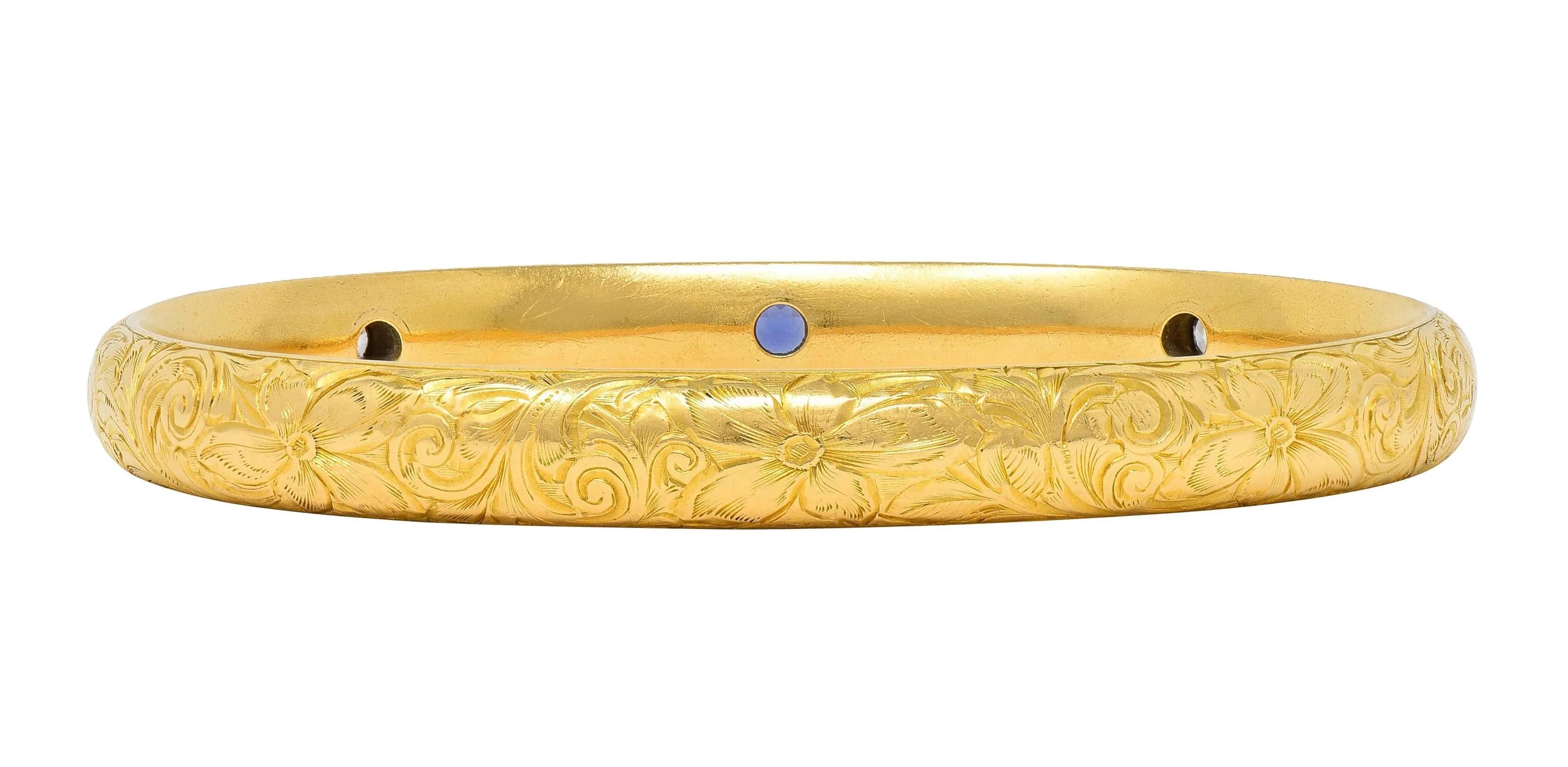Riker Brothers Art Nouveau 1913 0.82 CTW Sapphire Diamond 18K Gold Antique Bangle Bracelet