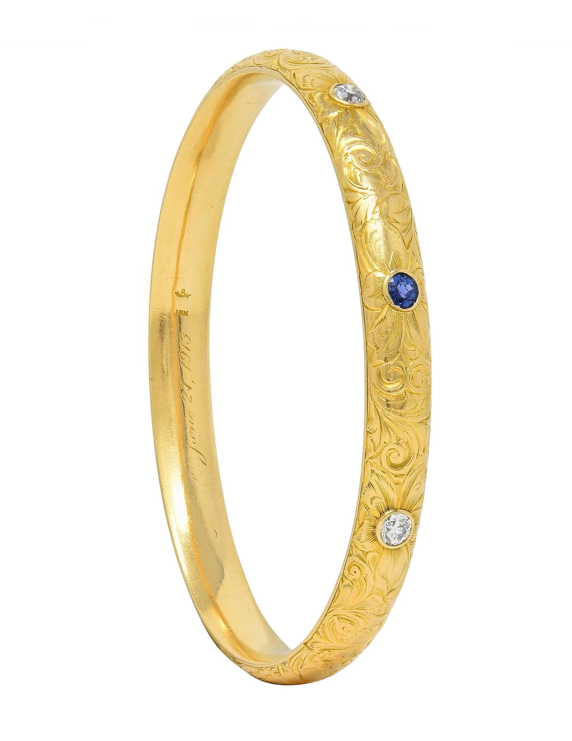 Riker Brothers Art Nouveau 1913 0.82 CTW Sapphire Diamond 18K Gold Antique Bangle Bracelet