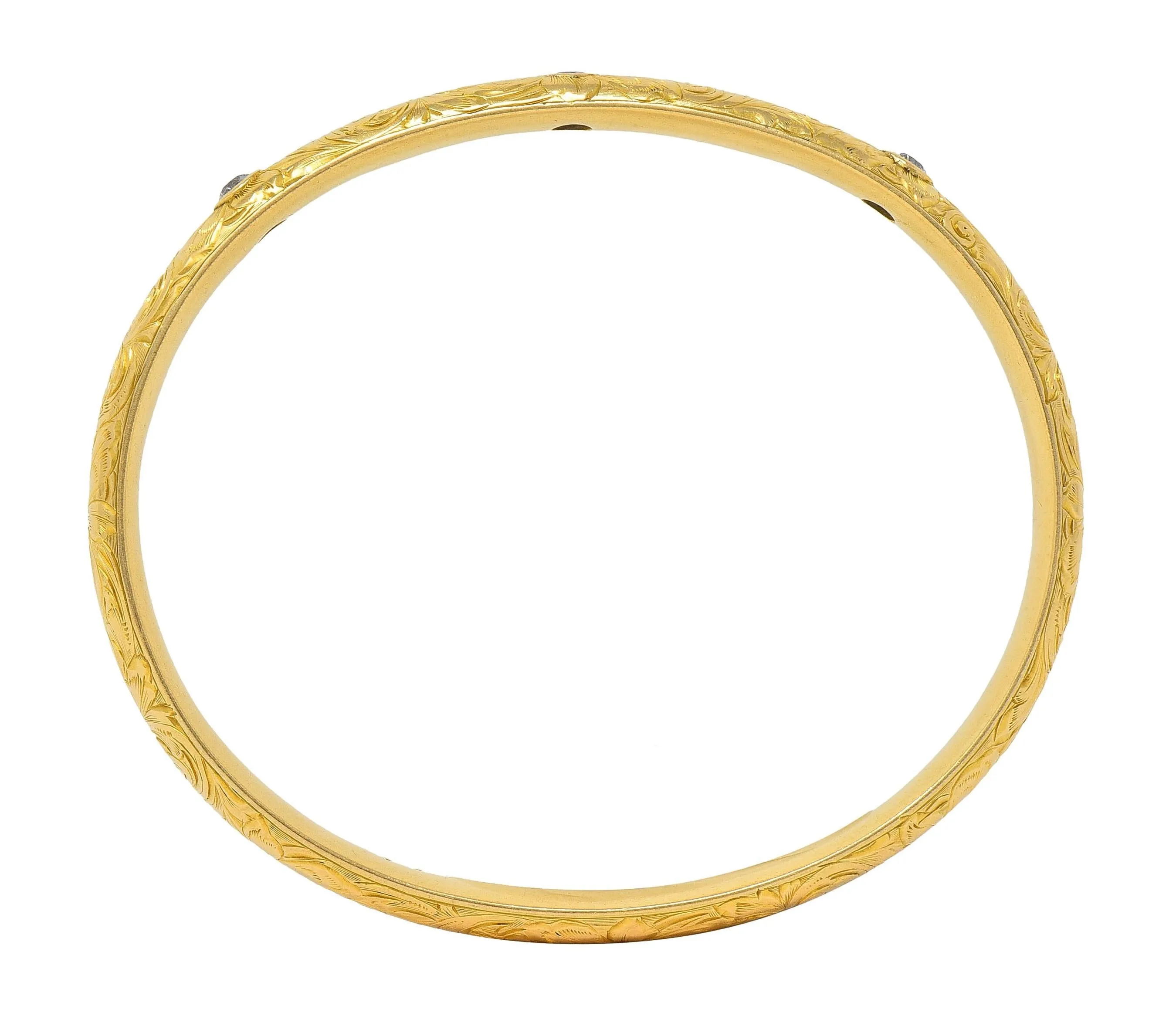 Riker Brothers Art Nouveau 1913 0.82 CTW Sapphire Diamond 18K Gold Antique Bangle Bracelet
