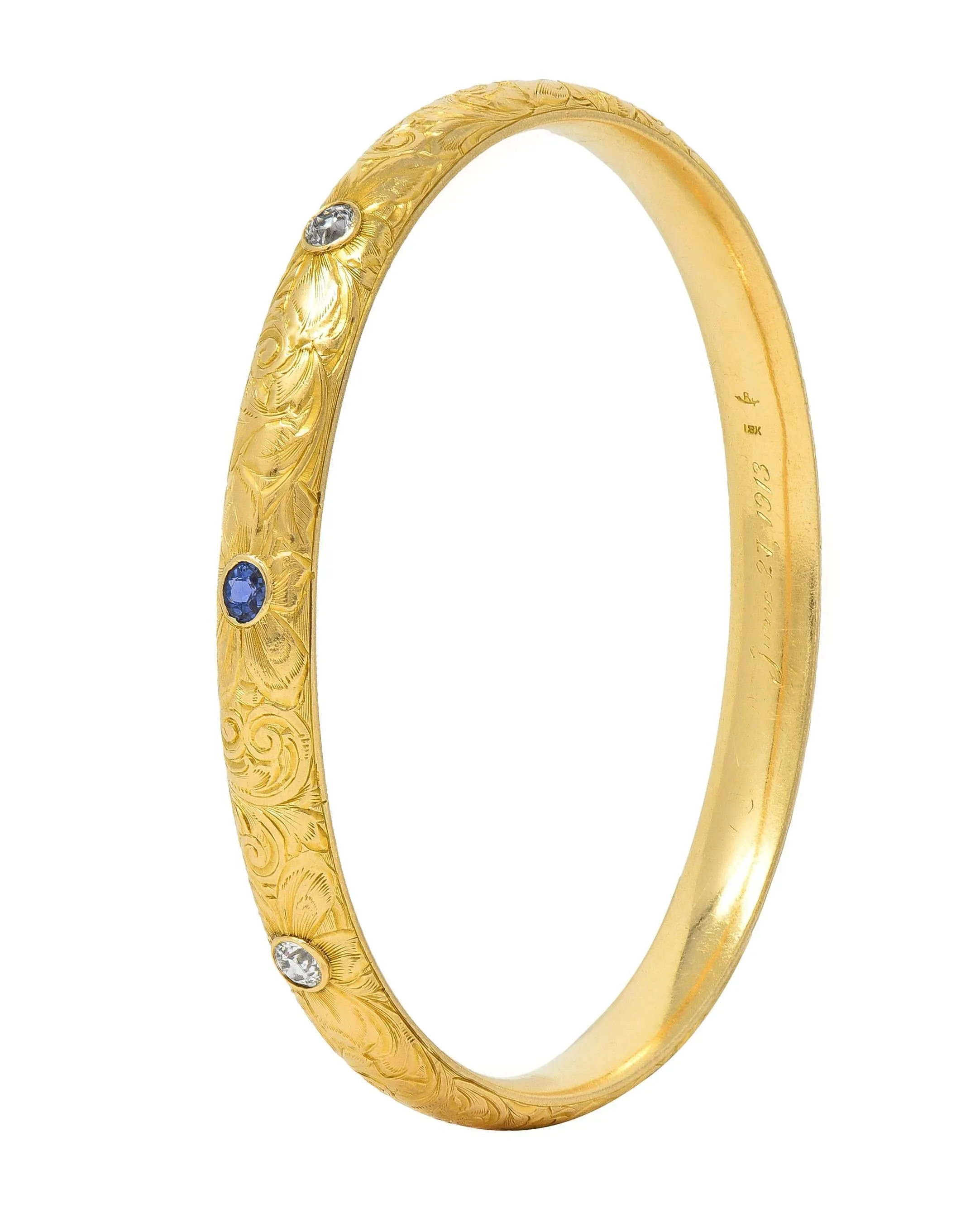 Riker Brothers Art Nouveau 1913 0.82 CTW Sapphire Diamond 18K Gold Antique Bangle Bracelet