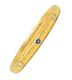 Riker Brothers Art Nouveau 1913 0.82 CTW Sapphire Diamond 18K Gold Antique Bangle Bracelet