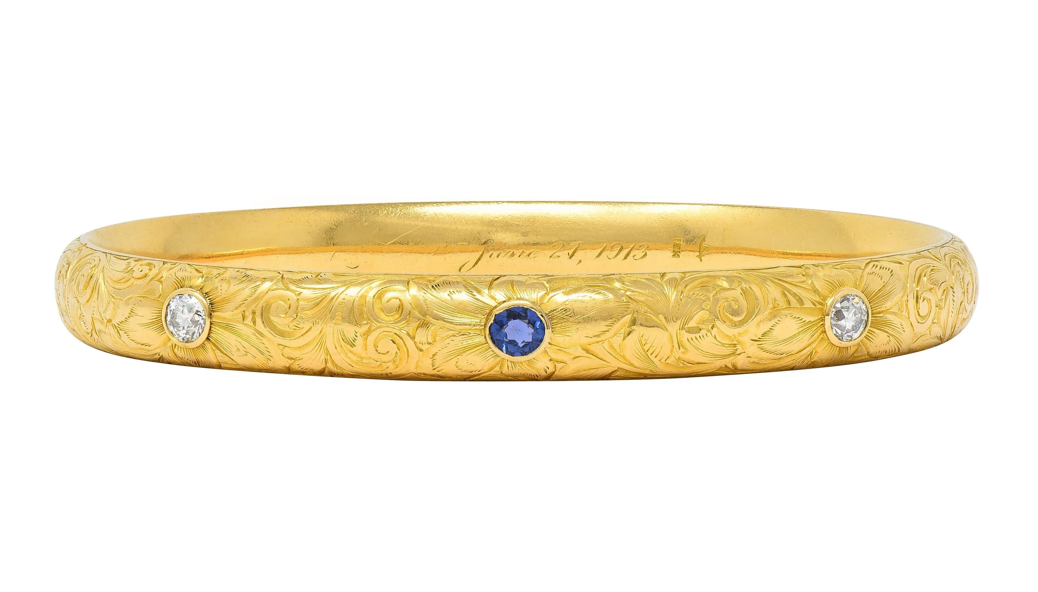 Riker Brothers Art Nouveau 1913 0.82 CTW Sapphire Diamond 18K Gold Antique Bangle Bracelet