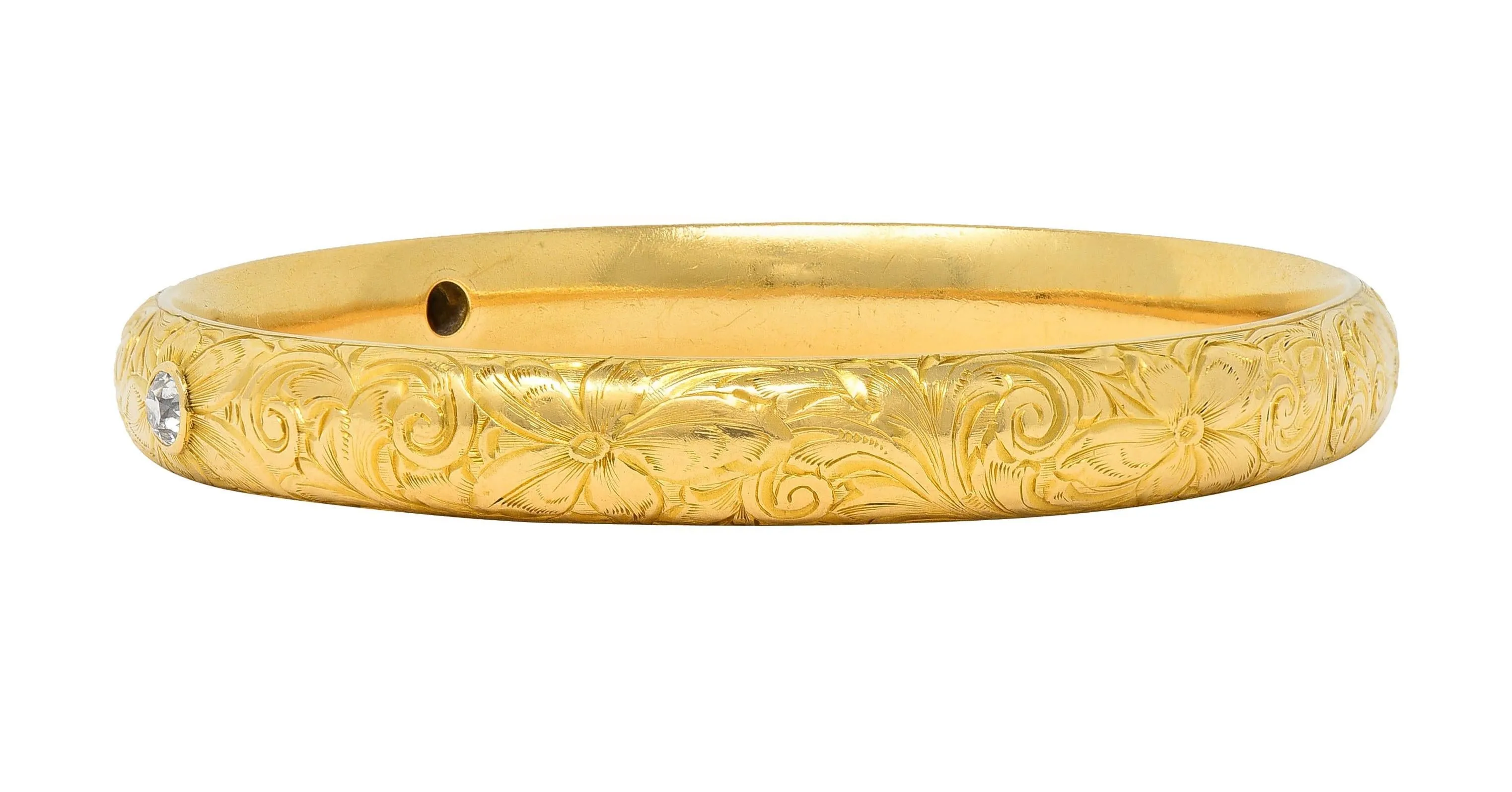 Riker Brothers Art Nouveau 1913 0.82 CTW Sapphire Diamond 18K Gold Antique Bangle Bracelet