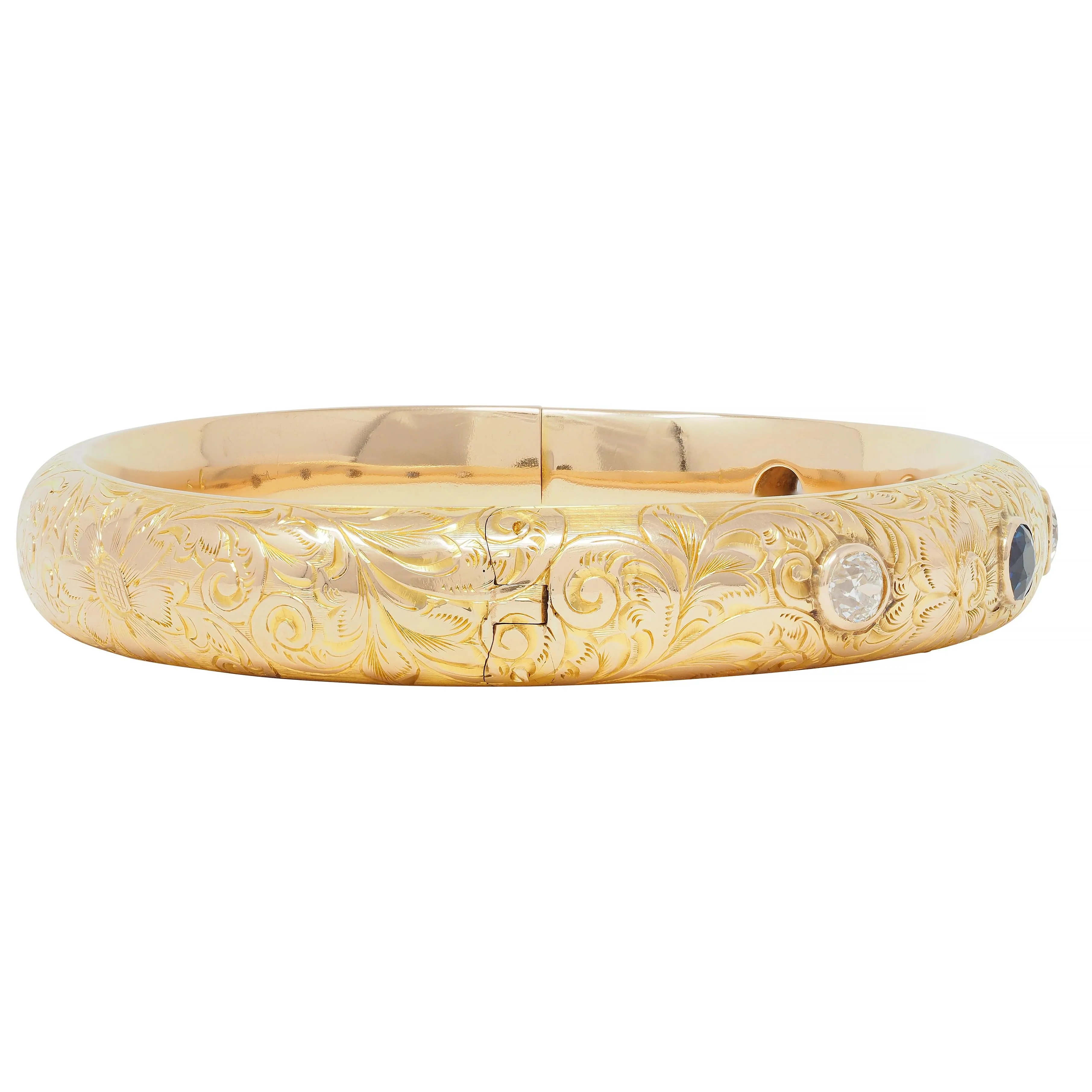 Riker Brothers Art Nouveau 2.20 CTW Sapphire Diamond 14 Karat Gold Antique Scroll Bangle Bracelet