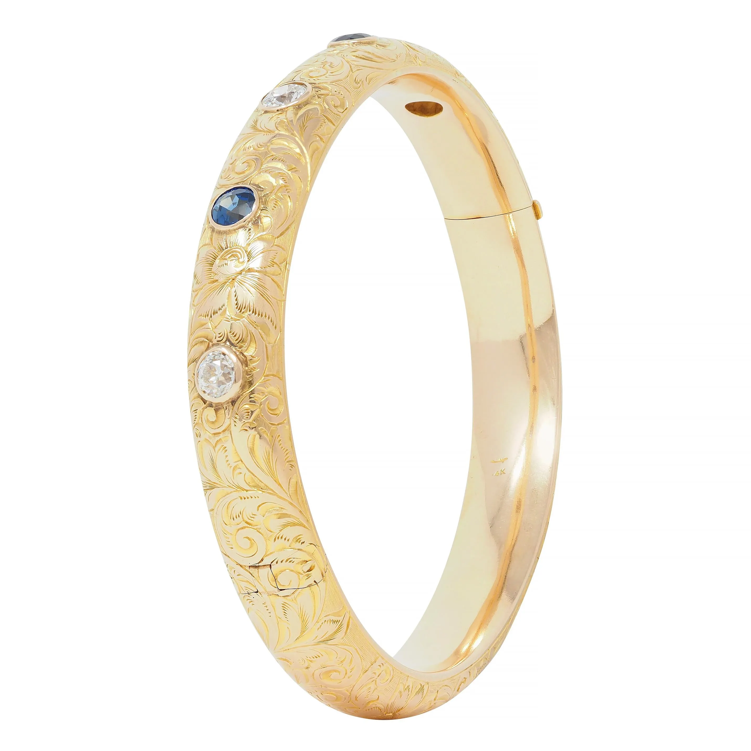 Riker Brothers Art Nouveau 2.20 CTW Sapphire Diamond 14 Karat Gold Antique Scroll Bangle Bracelet