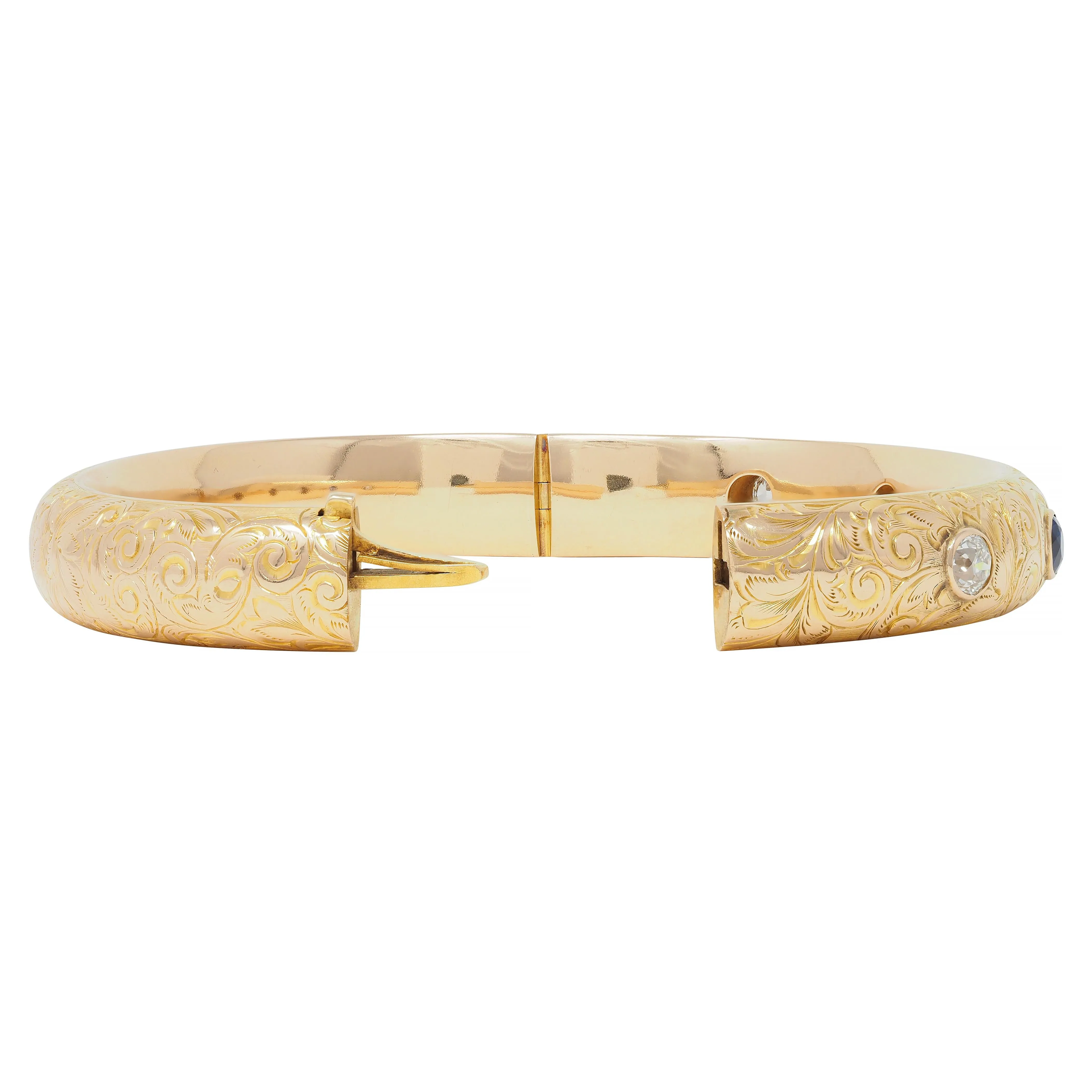 Riker Brothers Art Nouveau 2.20 CTW Sapphire Diamond 14 Karat Gold Antique Scroll Bangle Bracelet