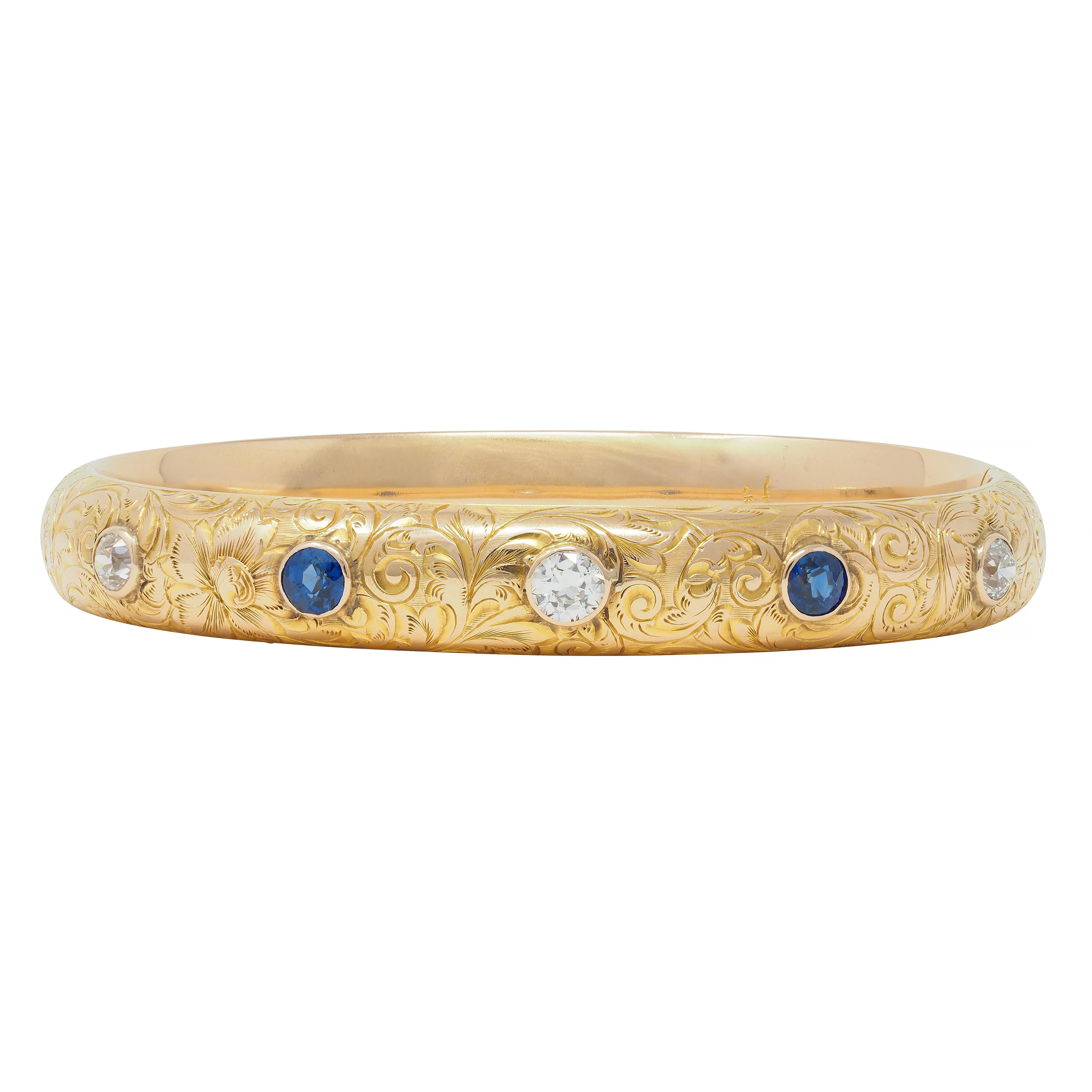 Riker Brothers Art Nouveau 2.20 CTW Sapphire Diamond 14 Karat Gold Antique Scroll Bangle Bracelet